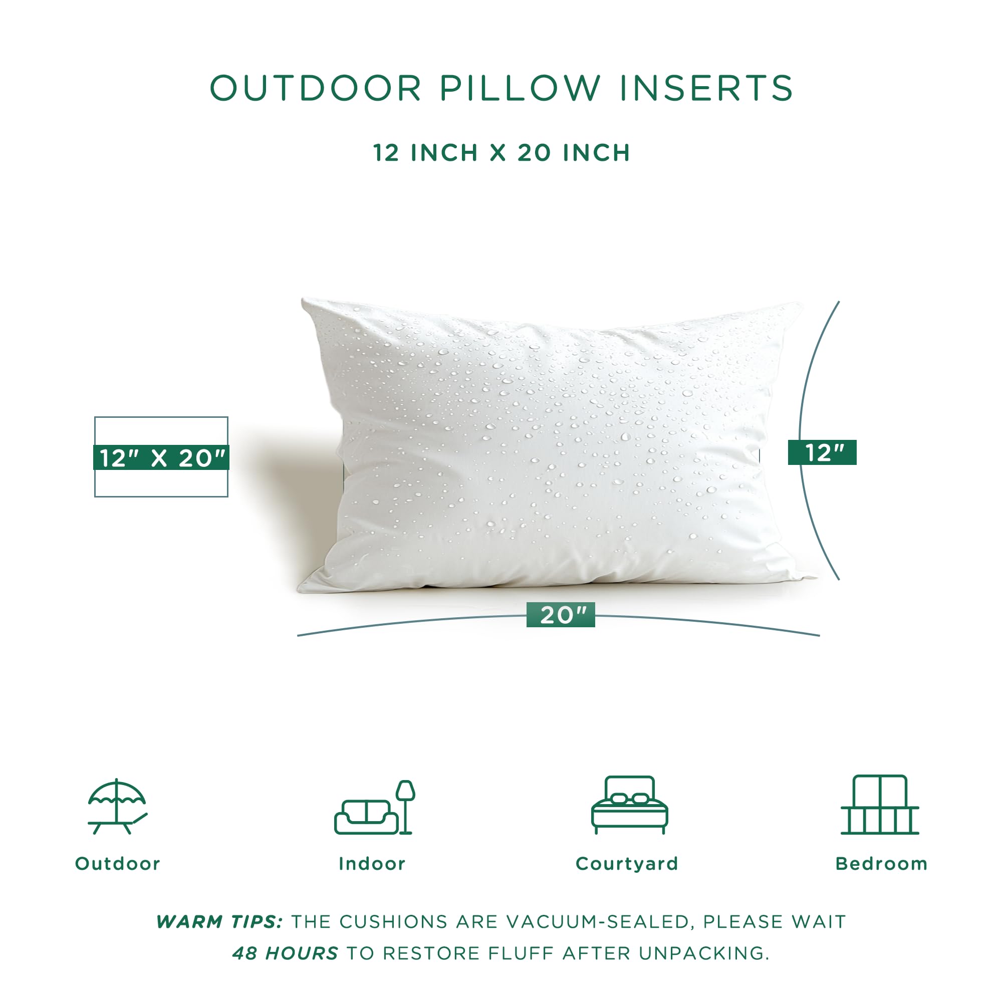 12x20 Water Resistant Outdoor Lumbar Pillow Inserts - Set of 4 for Patio Furniture | Perfect for Garden, Poolside & Deck Decor