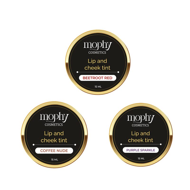 Mophy Lip & Cheek Tint Set - 3 Colors (Beetroot Red, Purple Sparkle, Coffee Nude) for Natural Makeup Looks