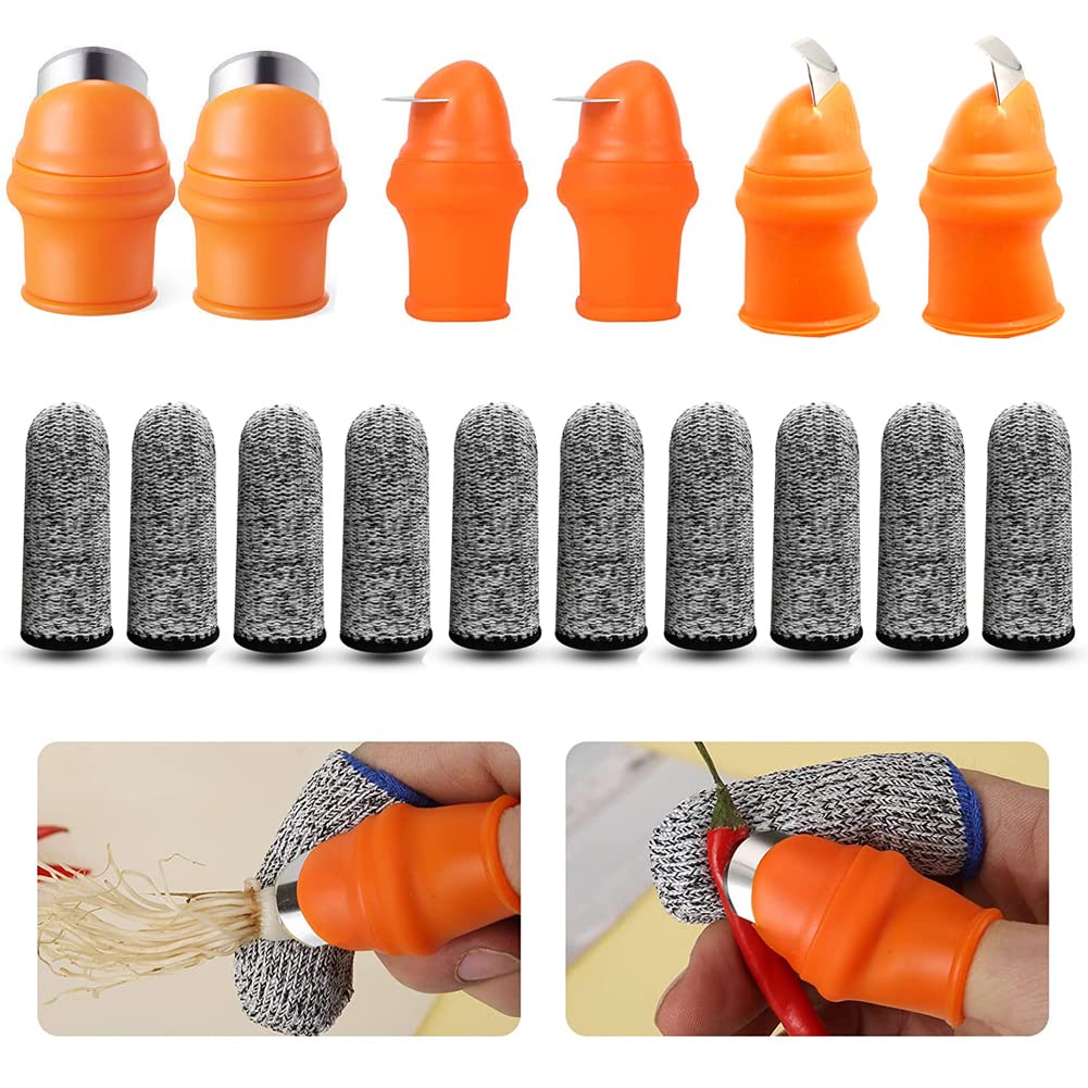 16-Piece Gardening Thumb Knife Set with Silicone Finger Guards - Orange Thumb Cutter Tool for Harvesting Fruits, Vegetables & Plants - Perfect for Gardeners, Farmers & Outdoor Enthusiasts (Large Size)