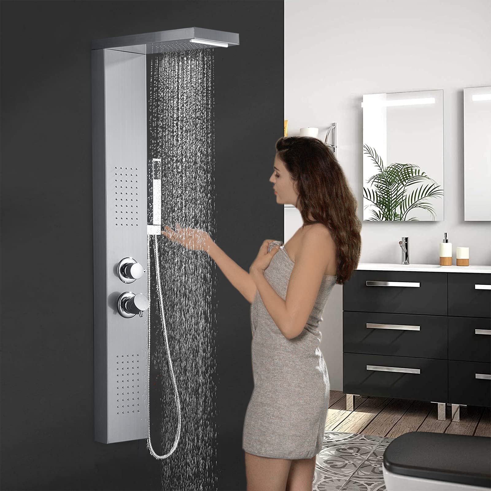 UISEBRT Stainless Steel Hydromassage Shower Panel - 4 Function Shower System with Fixed Showerhead, Massage Jets, Handheld Shower & Bath Spout (Silver) | Perfect for Spa-Like Bathroom Upgrades & Luxury Home Renovations