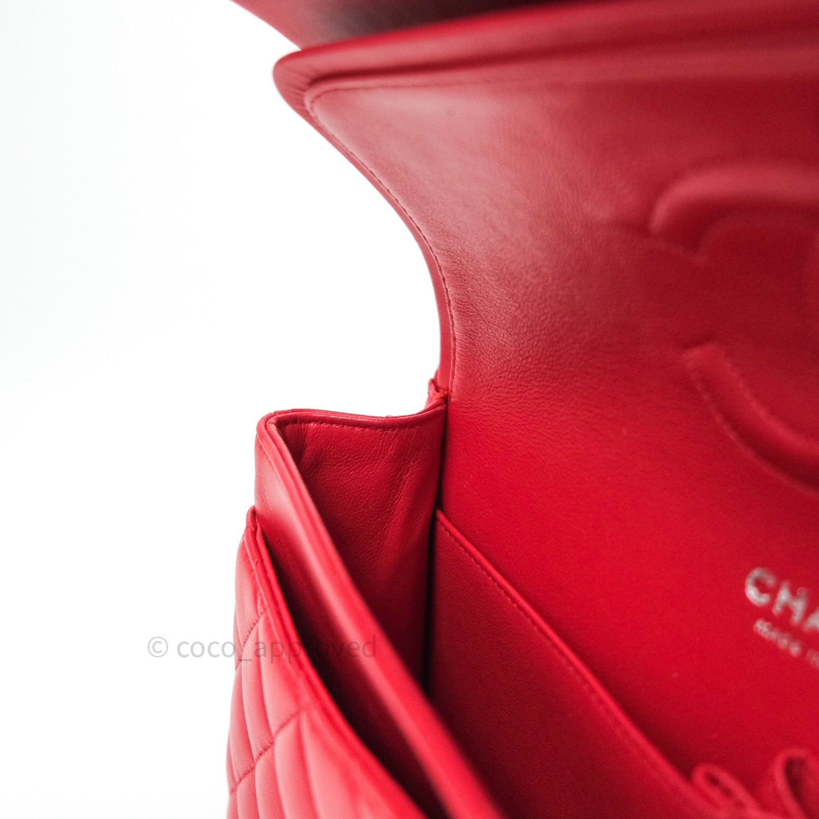 Chanel Classic Medium Double Flap Bag - Red Lambskin Leather with Silver Hardware | Luxury Handbag for Women, Perfect for Date Night & Special Occasions