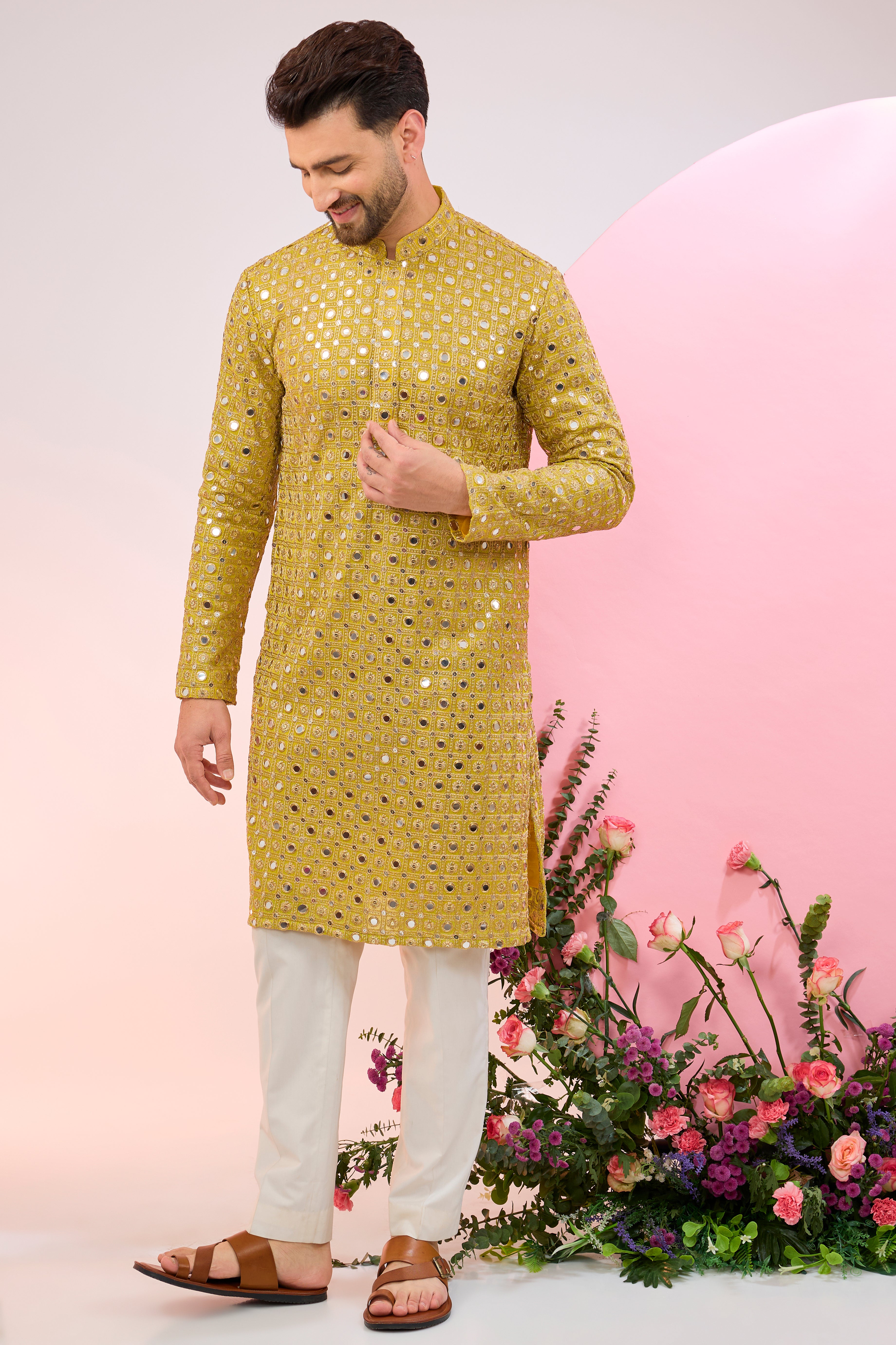 Stylish Neon Yellow Mirror Work Kurta with Intricate Zari Embroidery - Perfect for Festivals, Weddings & Ethnic Parties