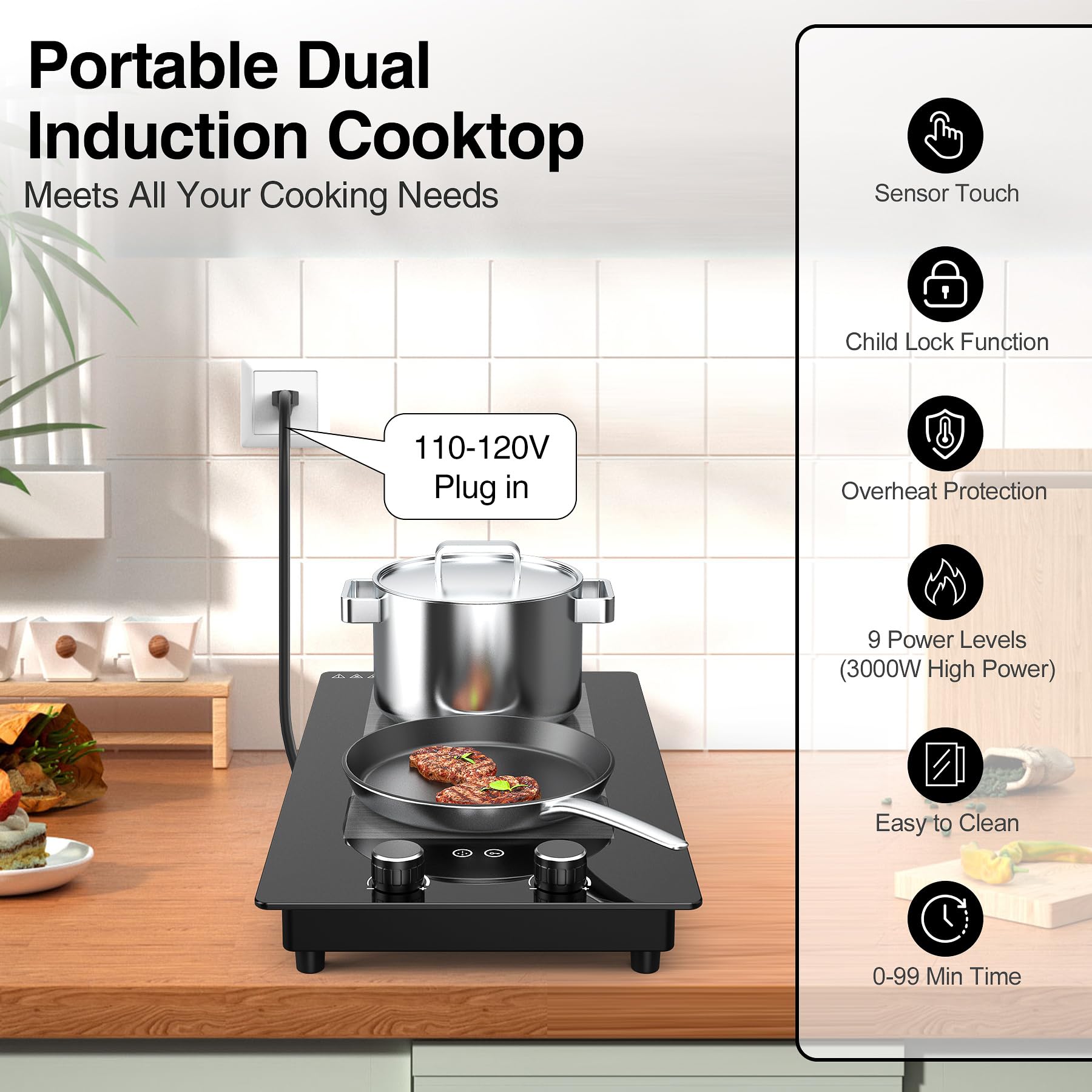 VBGK 12 Inch 3000W Double Induction Cooktop - 2 Burner Electric Stove with Rotary & Touch Controls, 9 Power Levels, Child Lock & Timer - Perfect for Home Kitchen, RV Cooking & Small Spaces (110V)