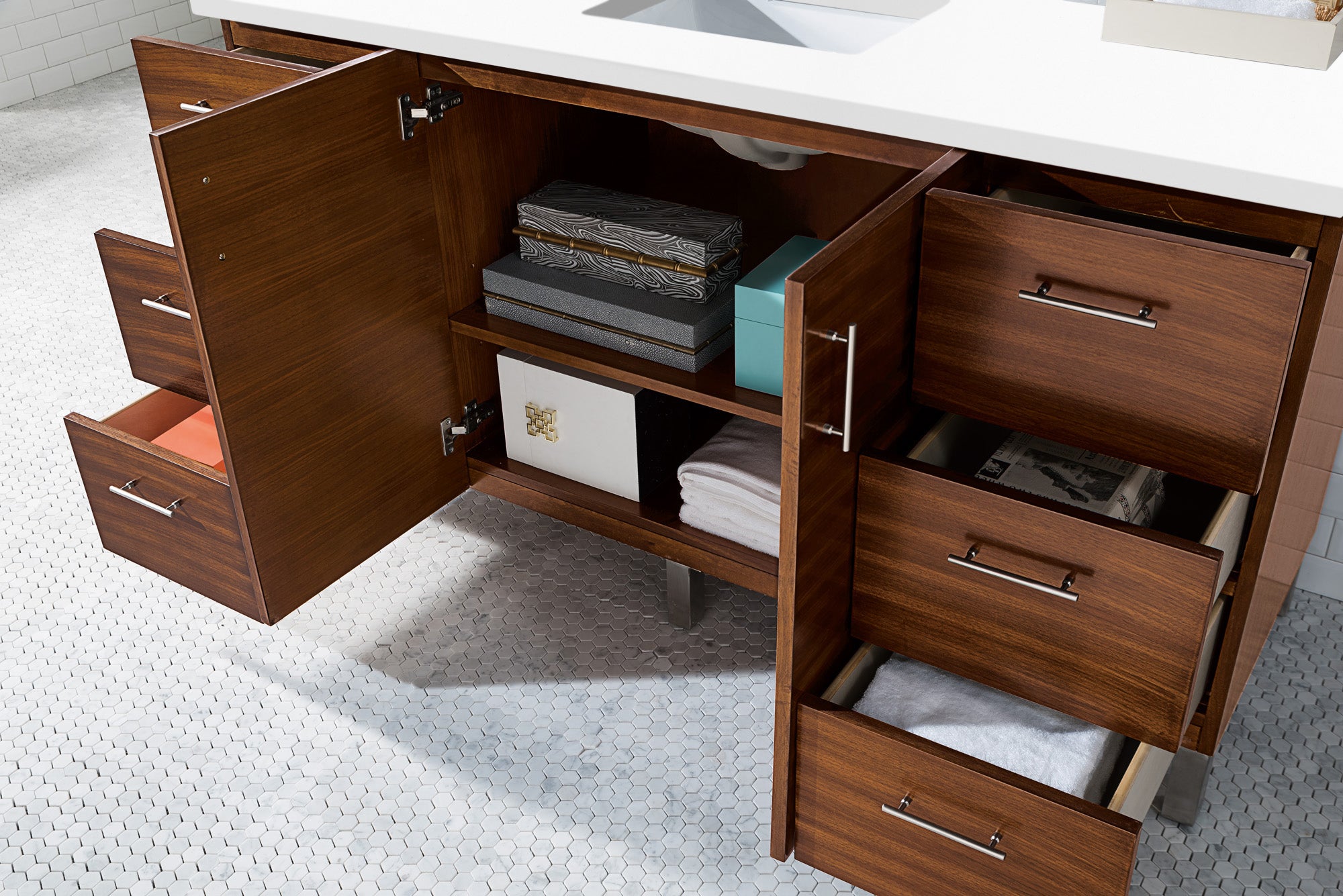 Metropolitan 60 Inch Single Bathroom Vanity with 3CM Classic White Quartz Countertop - American Walnut Finish | Perfect for Modern Master Bathrooms & Guest Powder Rooms