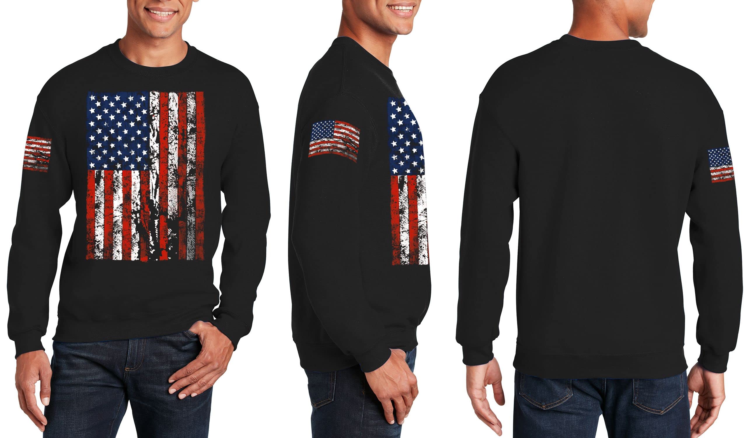 Shop4ever® USA Flag Vertical Design Crewneck Sweatshirt with Patriotic Sleeve - Perfect for 4th of July, Veterans Day & American Pride Events