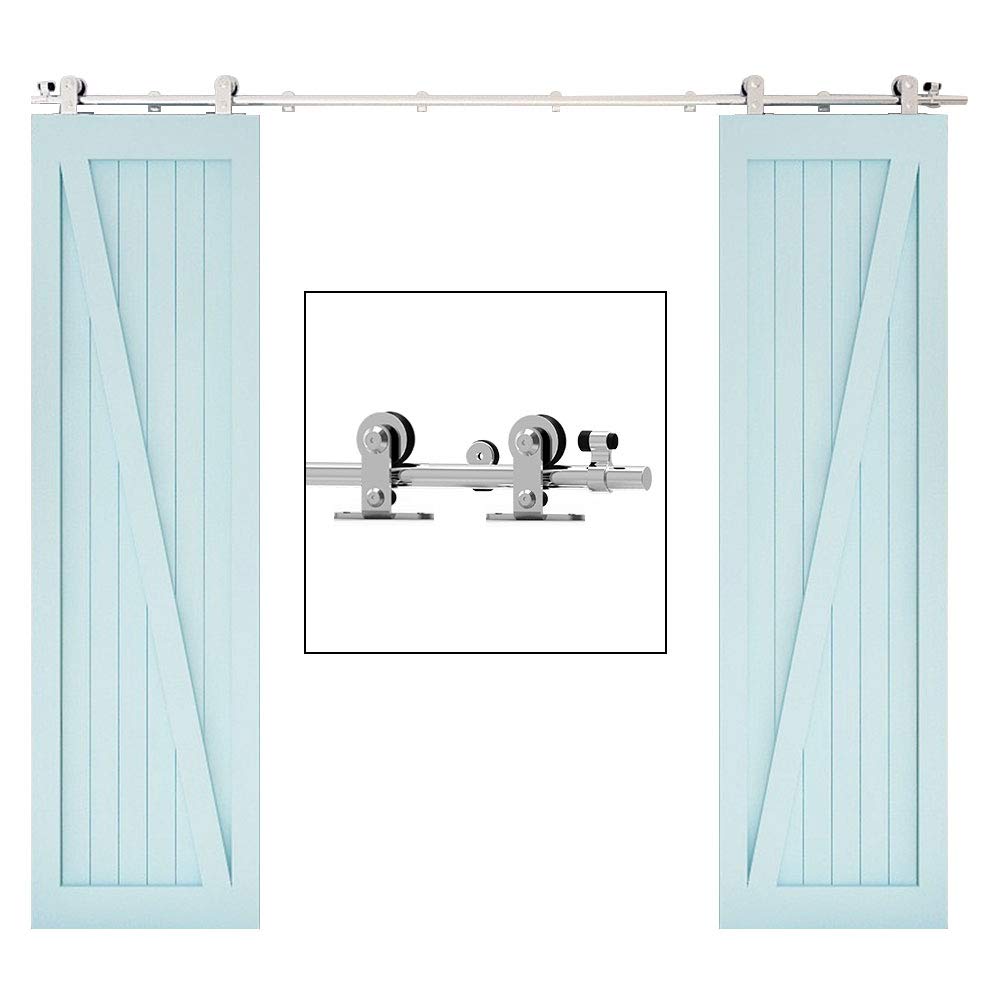 TSMST 12FT Heavy Duty Stainless Steel Sliding Barn Door Hardware Kit - Top Mount T-Style Track for Double Wood Doors | Smooth Quiet Operation | Perfect for Bedrooms, Closets & Farmhouse Style Homes