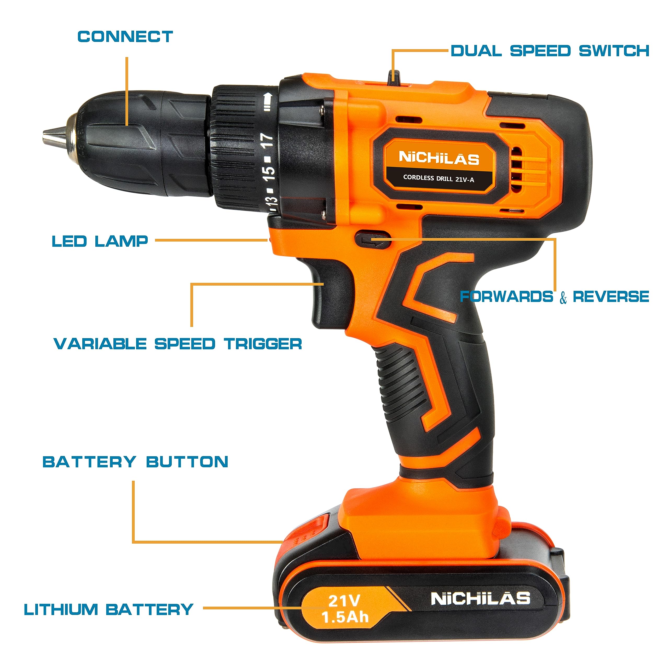 21V Cordless Drill with 2 Variable Speeds & 3/8