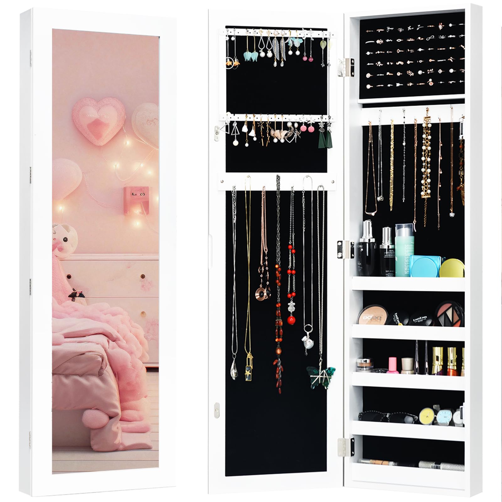 Giantex Wall Mounted Jewelry Armoire Cabinet with Full-Length Mirror - Large Storage Organizer with Ring Earring Slots, Necklace Hooks & Shelves - Perfect for Bedroom, Closet & Dressing Room Organization