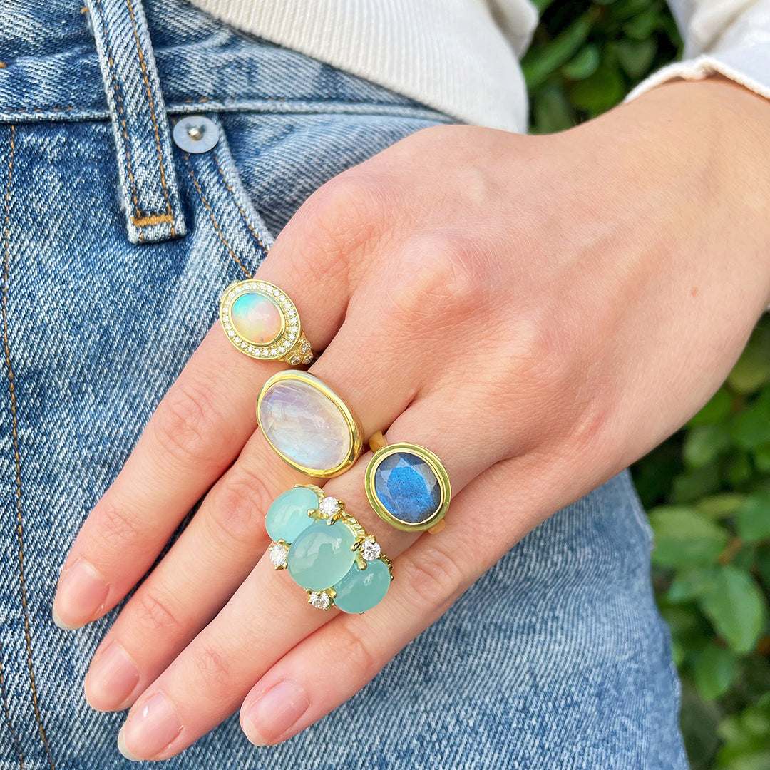 14K Yellow Gold Oval Cabochon Opal & Diamond Ring for Women - Elegant Jewelry Gift for Engagement, Anniversary & Special Occasions
