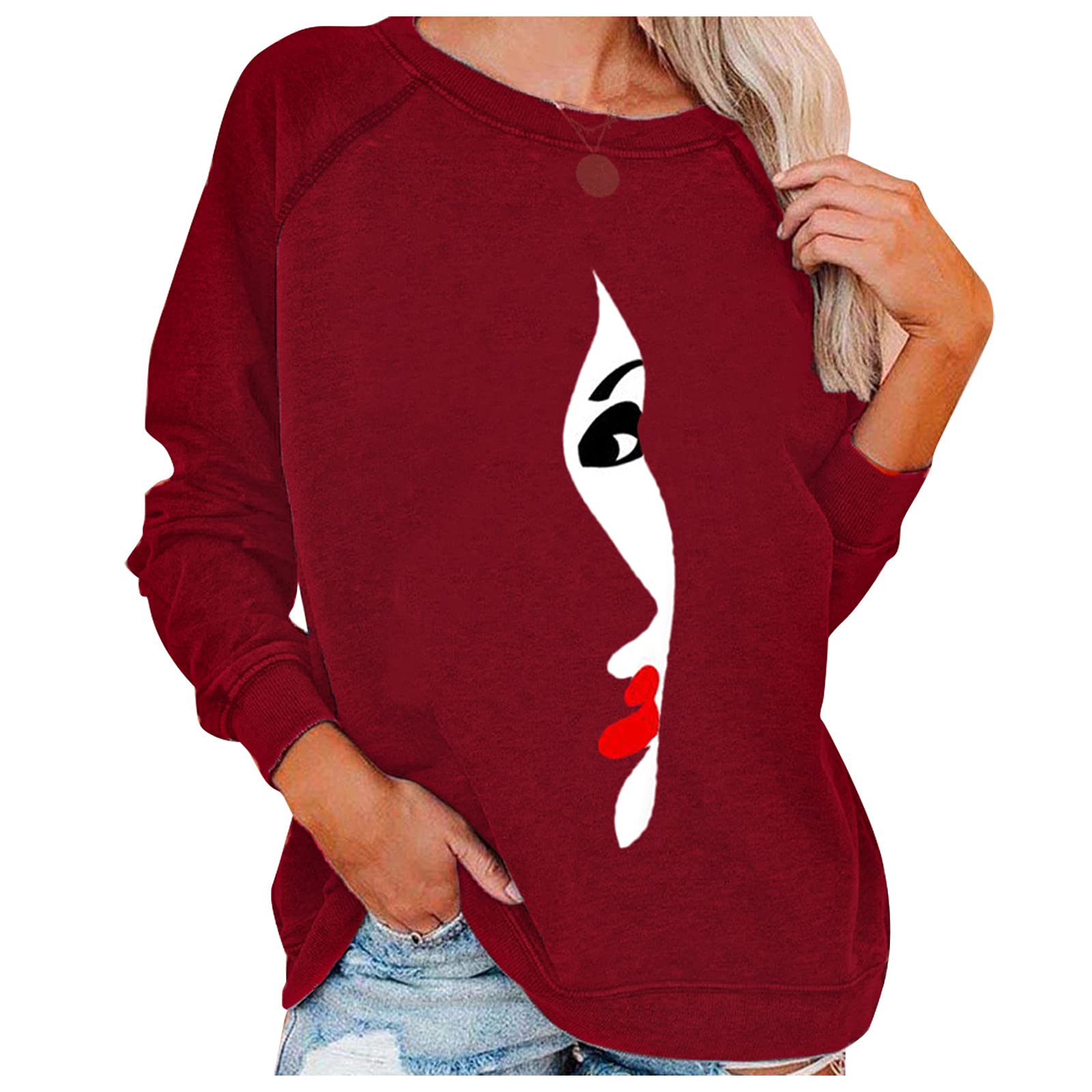 FMCHICO Women's Casual Crewneck Sweatshirt - Printed Loose Fit Soft Long Sleeve Pullover Top - Perfect for Lounge Wear, Street Style & Everyday Comfort