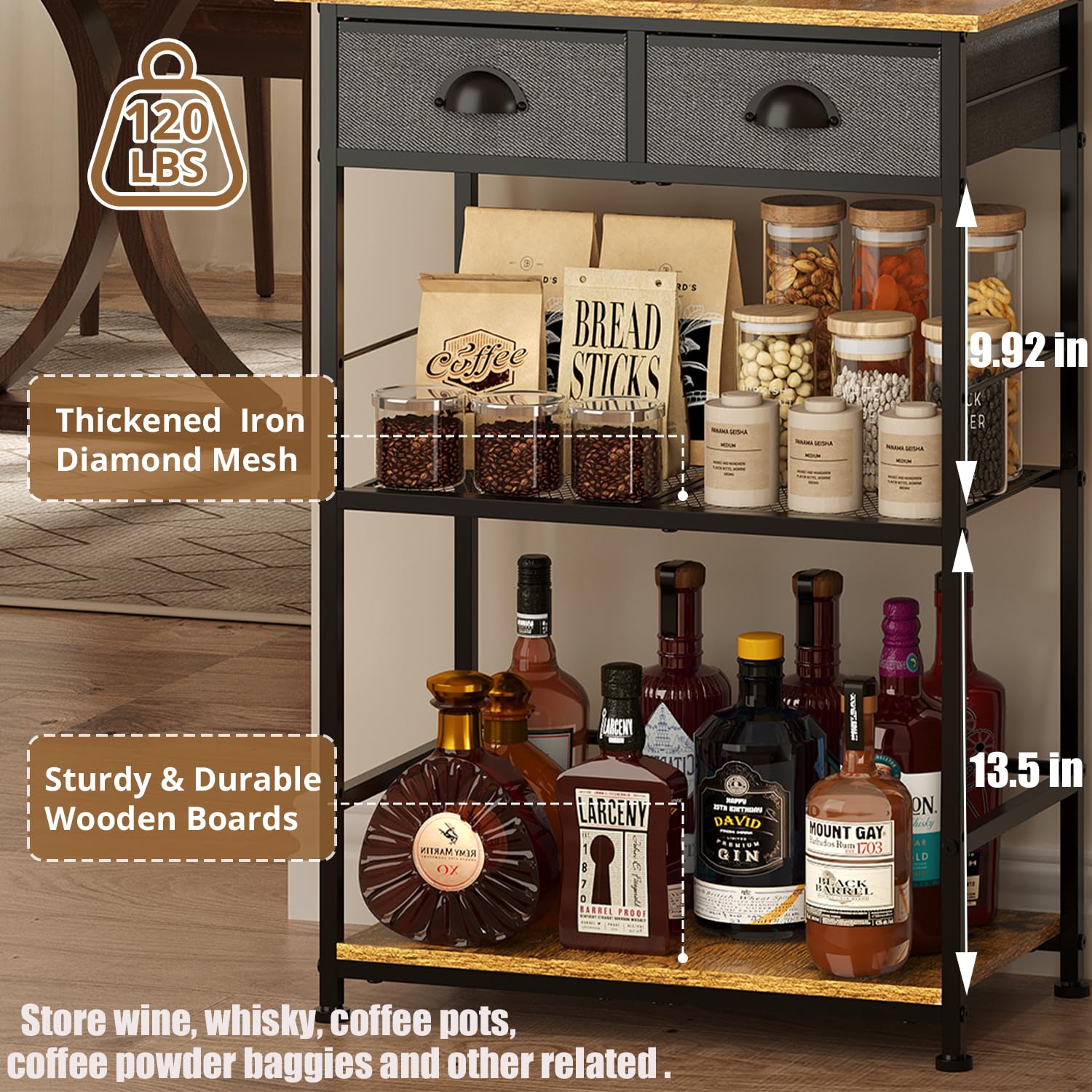 Farmhouse Style 3-Tier Coffee Bar Stand with 2 Storage Drawers - Large Capacity Coffee Station Organizer Cabinet for Kitchen, Living Room & Entryway - Perfect for Espresso Machines, Mugs & Coffee Accessories Storage
