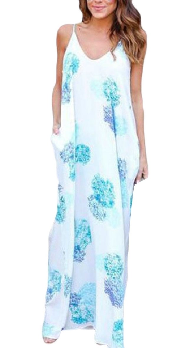 Women's Summer Floral Print Swing Loose Beach Maxi Dress - Spaghetti Strap Flowy Sundress for Vacation, Pool Party & Casual Outings | Size XS