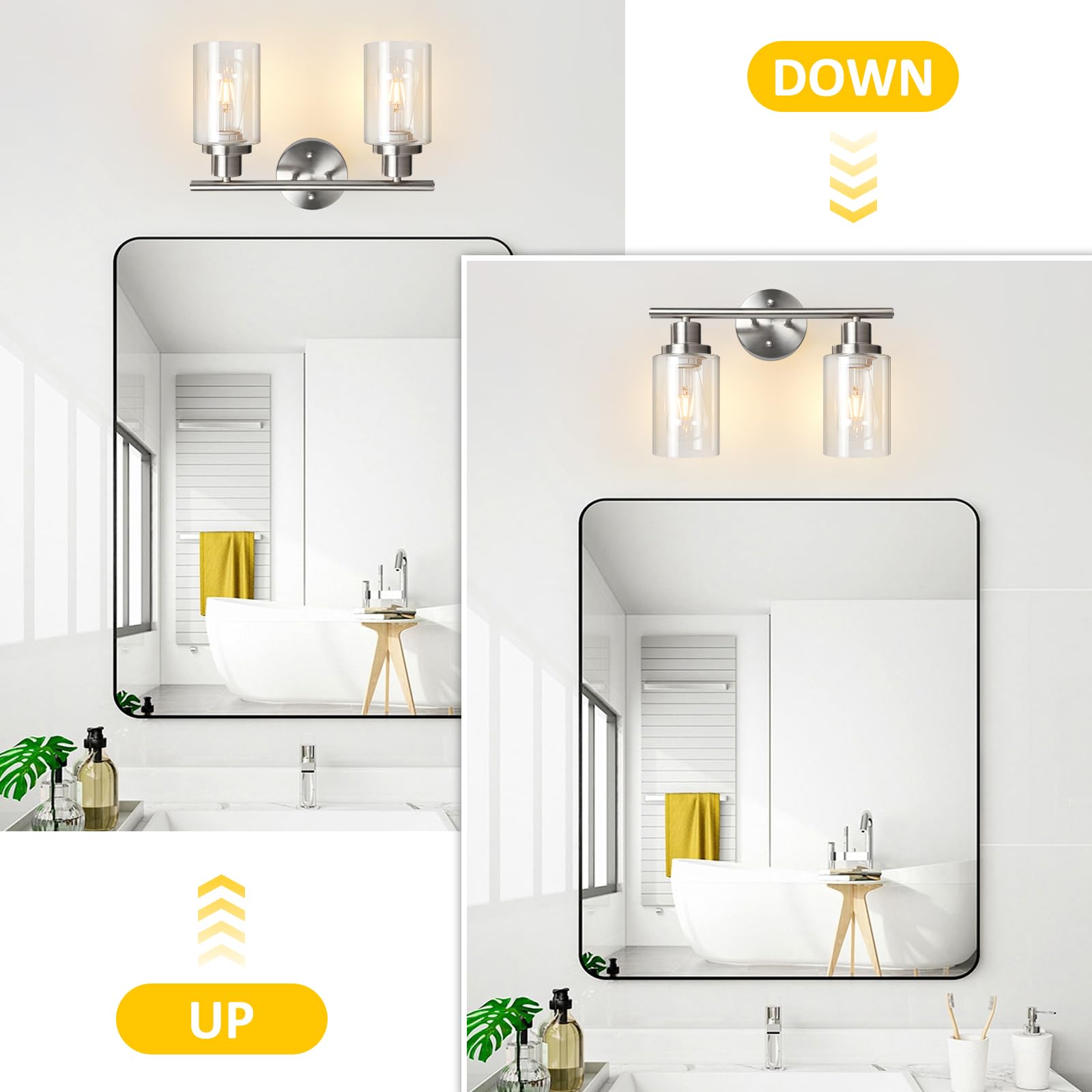 Unicozin 2-Light Brushed Nickel Vanity Wall Sconce with Clear Glass Shade - Bathroom Mirror Lighting Fixture for Bedroom, Living Room, Hallway - E26 Base (Bulbs Not Included) - Perfect for Makeup Vanity, Dressing Room & Home Decor