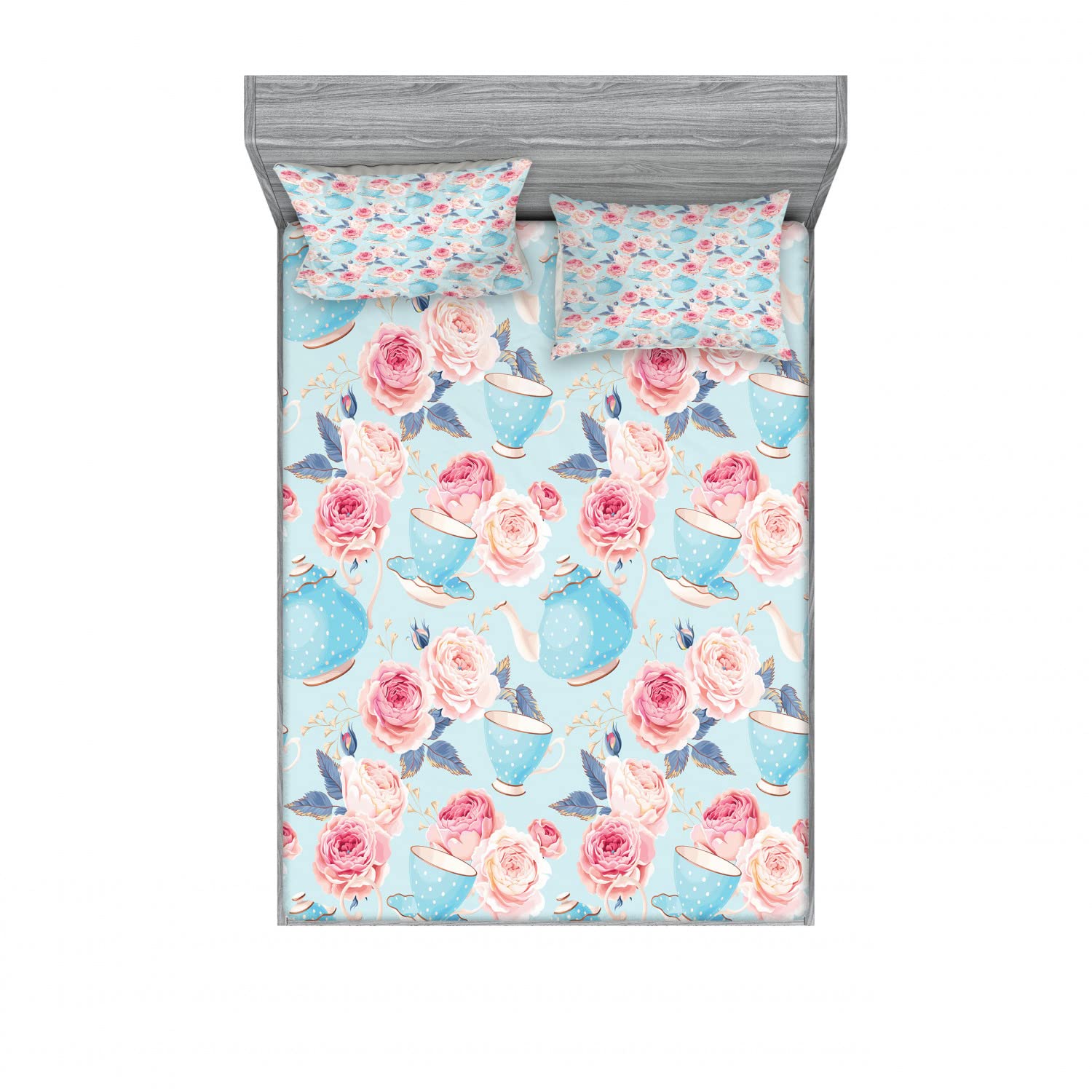 Ambesonne Vintage 2-Piece Queen Size Bedding Set - Floral Rose & Teapot Design Fitted Sheets & Pillow Shams (4-Pc Set in Pale Blue & Pink) for Cozy Bedroom Decor & Guest Room Styling