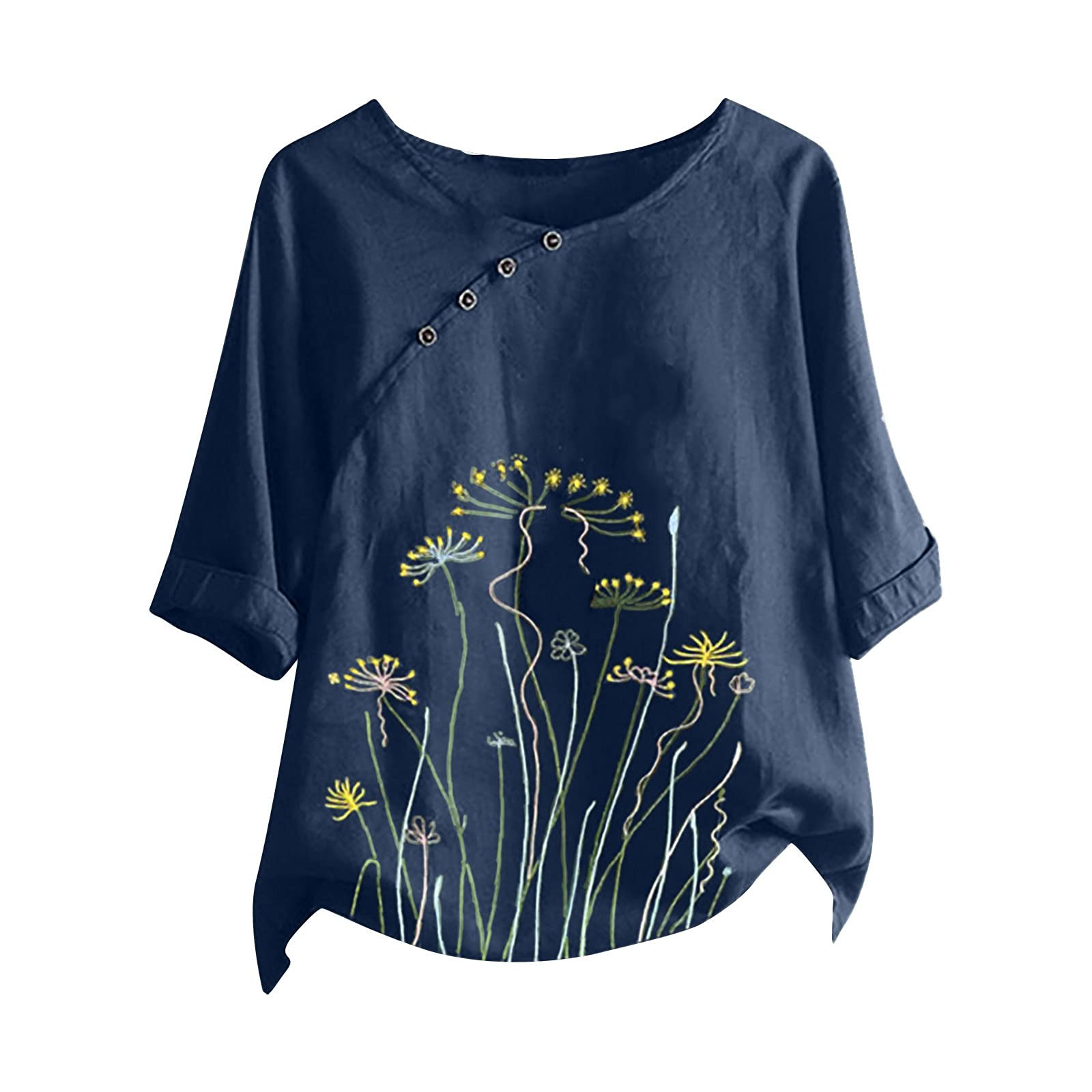 Women's Plus Size Cotton Linen Blouse - Casual Short Sleeve Round Neck Floral Print Summer Top | Breathable Loose Fit Shirt for Beach, Vacation & Everyday Wear