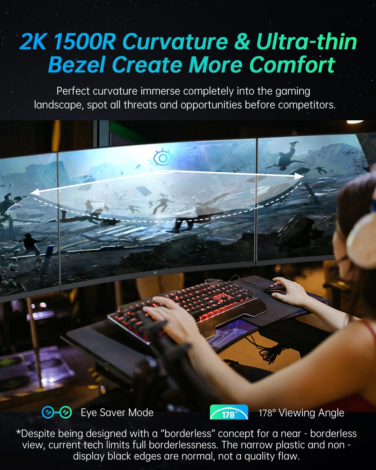 27 Inch Curved Gaming Monitor 1440P 2K 180Hz 1ms Response - FreeSync Premium & G-Sync Compatible - 1500R Ultrawide PC Monitor with DisplayPort/HDMI/USB - VESA Wall Mount - Perfect for Esports, FPS & Racing Games (H27S17)