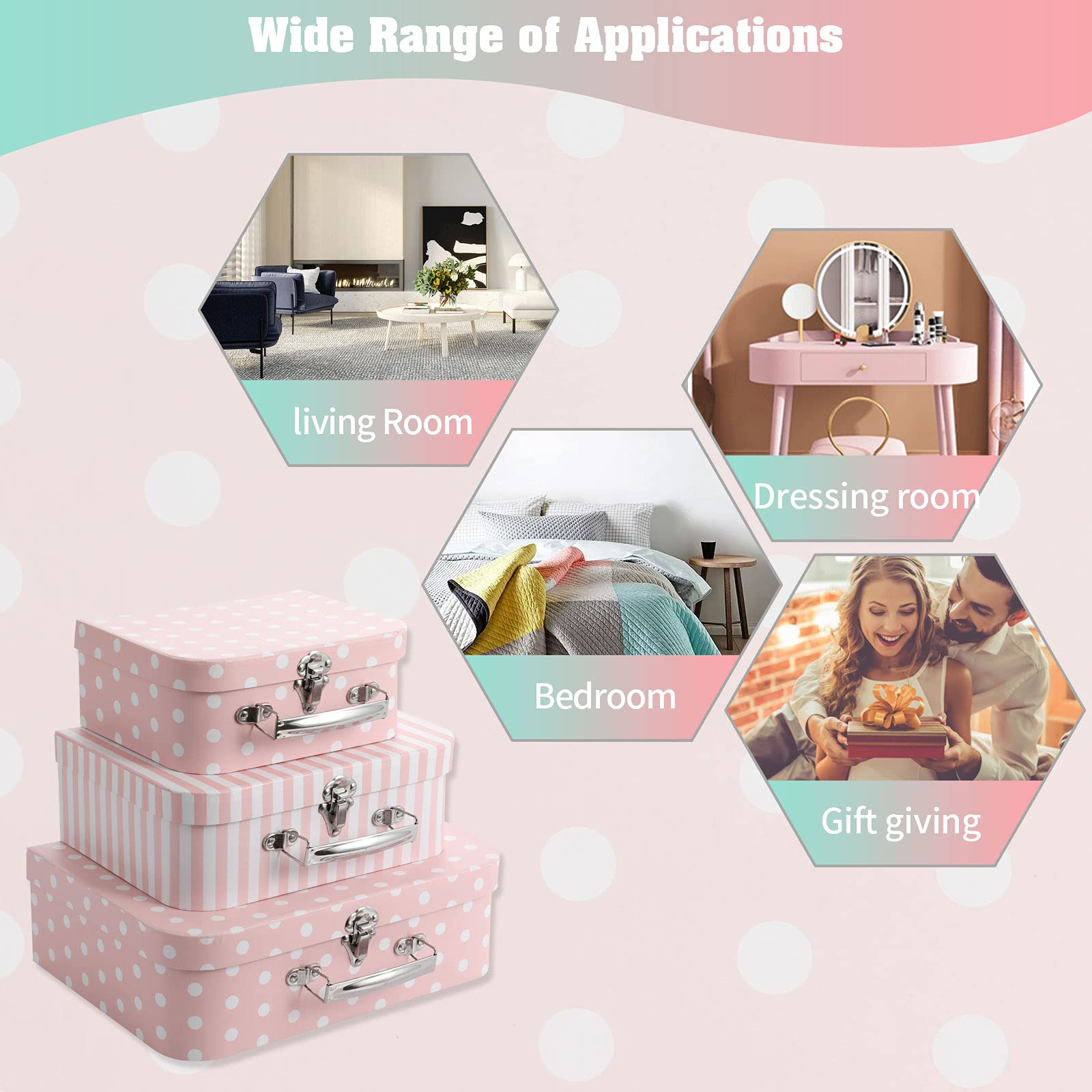 3-Piece Paperboard Suitcase Storage Box Set - Photo Organizer, Home Decor for Wedding, Birthday & Anniversary - Pink Polka Dot & Striped Design - Perfect for Memory Keeping, Gift Wrapping & Seasonal Decorations