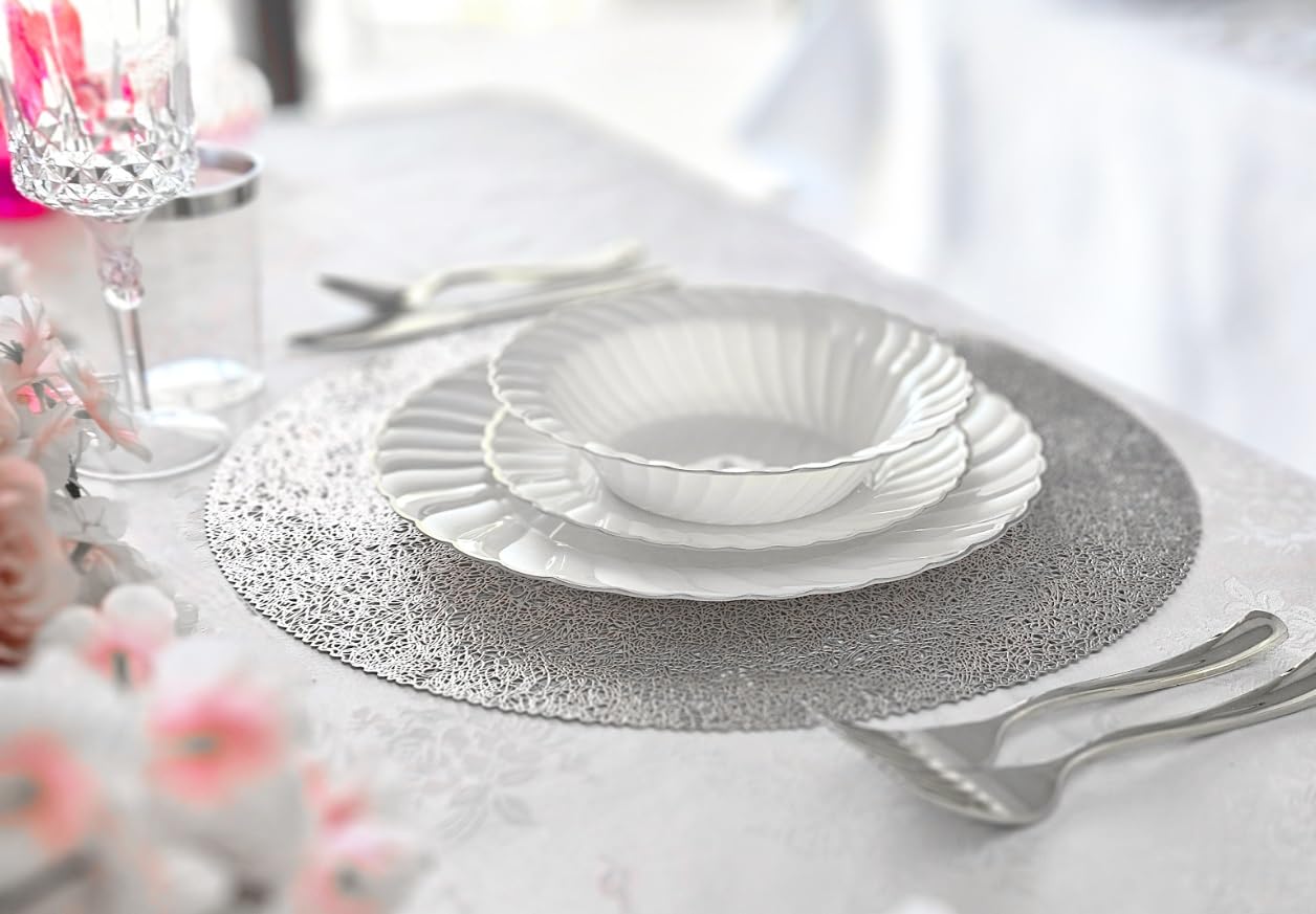 120-Pack Metallic Silver Pressed Vinyl Round Placemats - Elegant Wedding Table Decor & Dinner Party Centerpieces for Glamorous Occasions