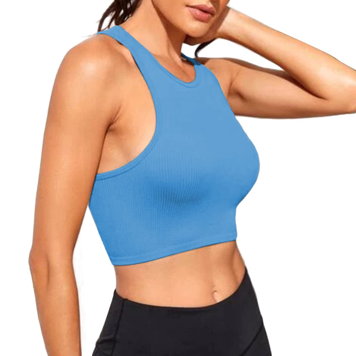 Women's Ribbed Seamless Tank Tops - Breathable Workout T-Shirts for Yoga, Gym & Running - Soft Round Neck Basic Tops for Women