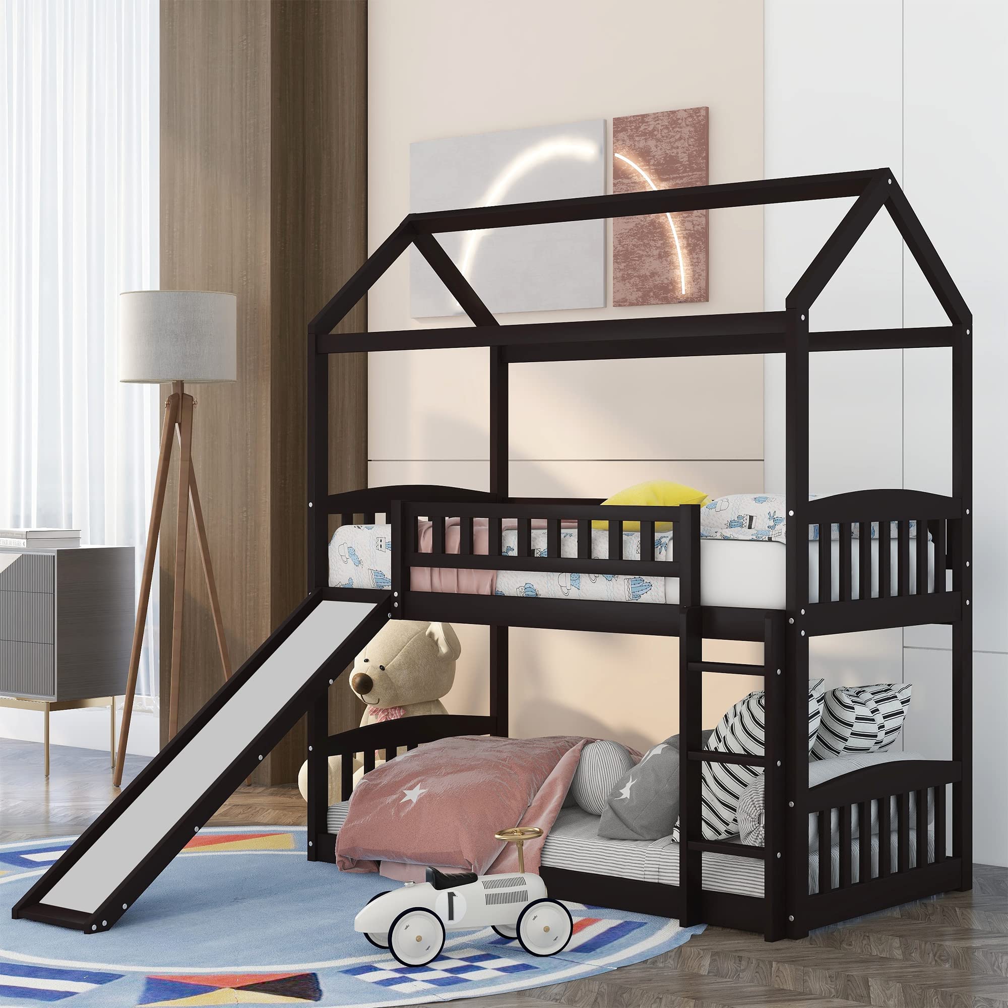 Harper & Bright Designs Twin Over Twin Bunk Bed with Slide - Kids Playhouse Bed for Toddlers, Boys & Girls in Espresso - Perfect for Small Bedrooms, Playrooms & Sleepovers
