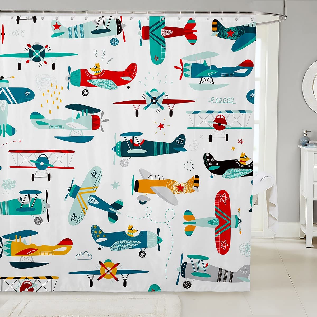 Kids Airplane Shower Curtain - Colorful Cartoon Aviation Aircraft Design with Star Lines, Waterproof Bathroom Decor for Boys & Teens (72x72 Inches, Includes 12 Hooks) - Perfect for Themed Bathrooms, Kids' Rooms, and Aviation Enthusiasts