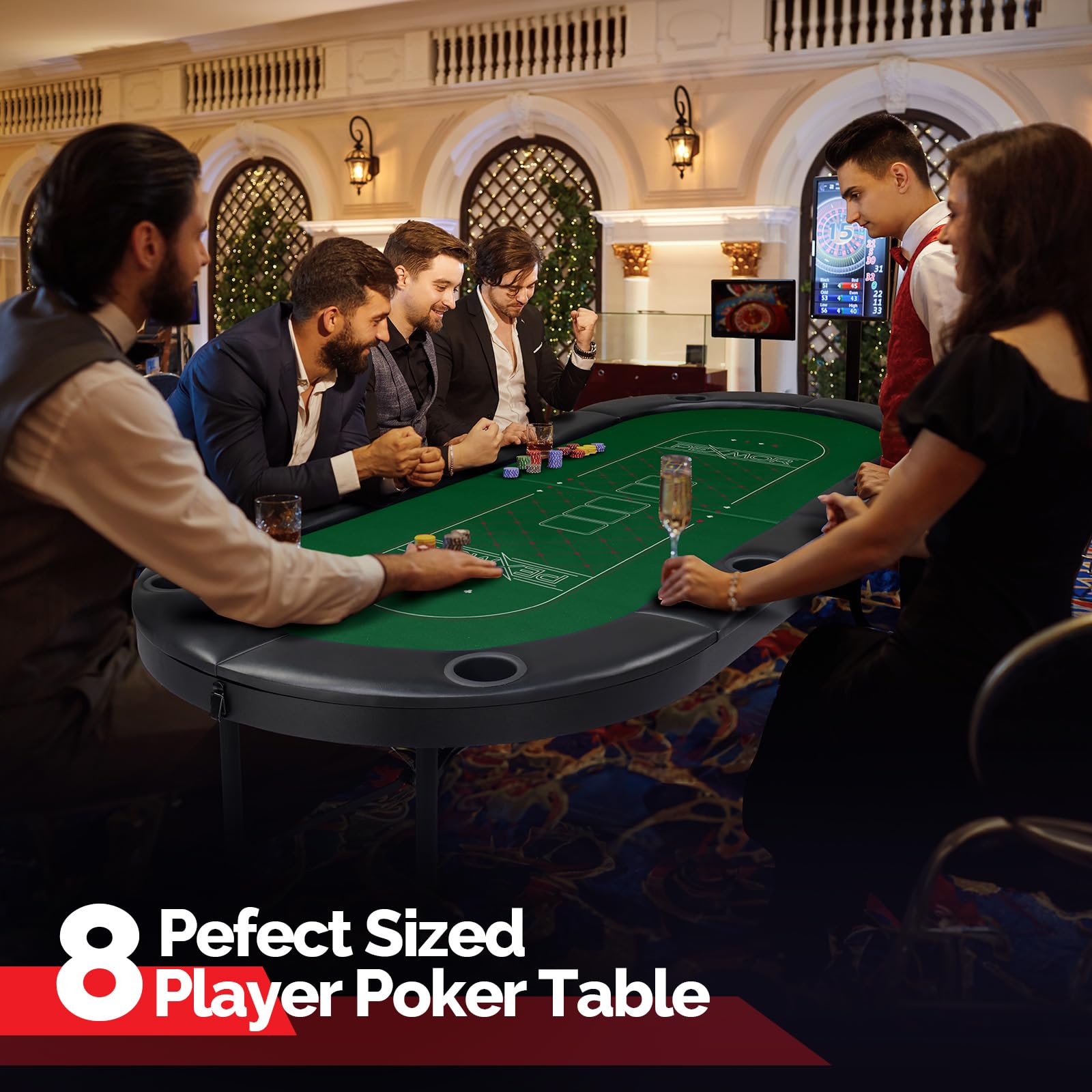 PEXMOR 8 Player Foldable Poker Table with Casino-Grade Felt & Stainless Steel Cup Holders - Texas Holdem Blackjack Game Table for Home & Casino Nights - Water-Resistant Cushioned Rail & Easy Assembly - Perfect for Poker Parties, Game Nights & Casino-Themed Events