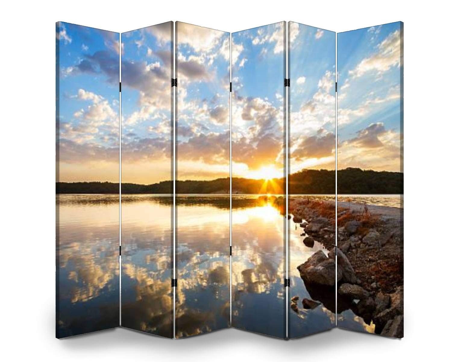 6-Panel Wooden Room Divider with Rock Jetty Sunrise Canvas - Foldable Privacy Screen & Wall Partition for Home Decor | Perfect for Living Room, Bedroom, and Office Space Separation
