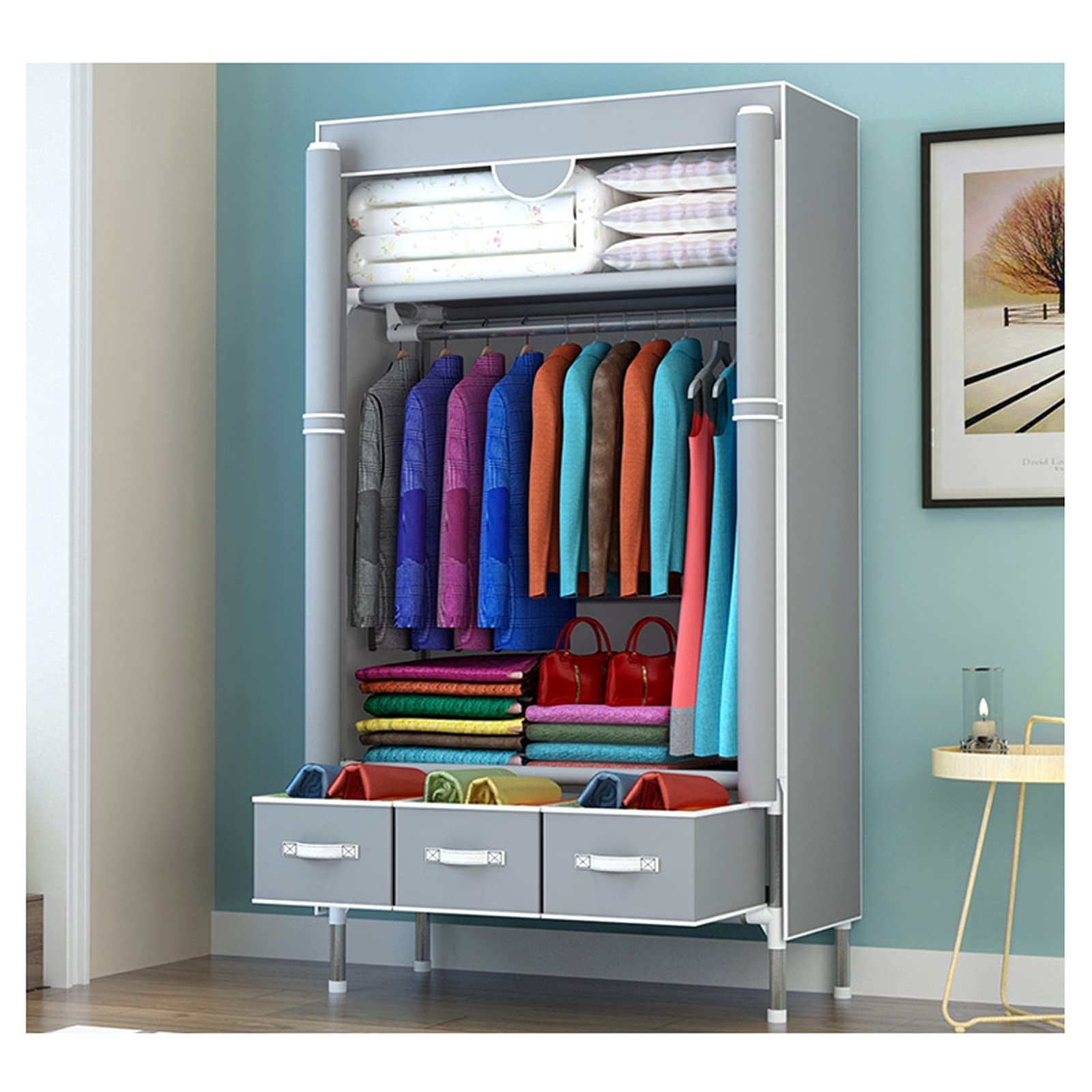 Portable Wardrobe Closet with Hanging Rod & 3 Drawers - Foldable Fabric Storage Organizer for Clothes, Non-Woven Fabric, Easy Assembly (Gray) - Perfect for Small Spaces, Dorm Rooms, Travel & Temporary Storage