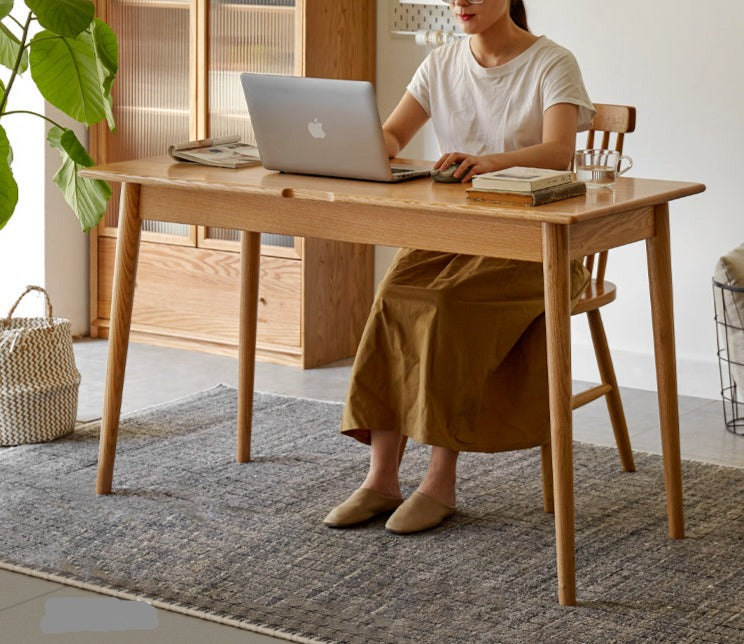 Solid Oak Wood Office Desk with Spindle-Shaped Slanted Legs - Modern Home Office Furniture for Work & Study