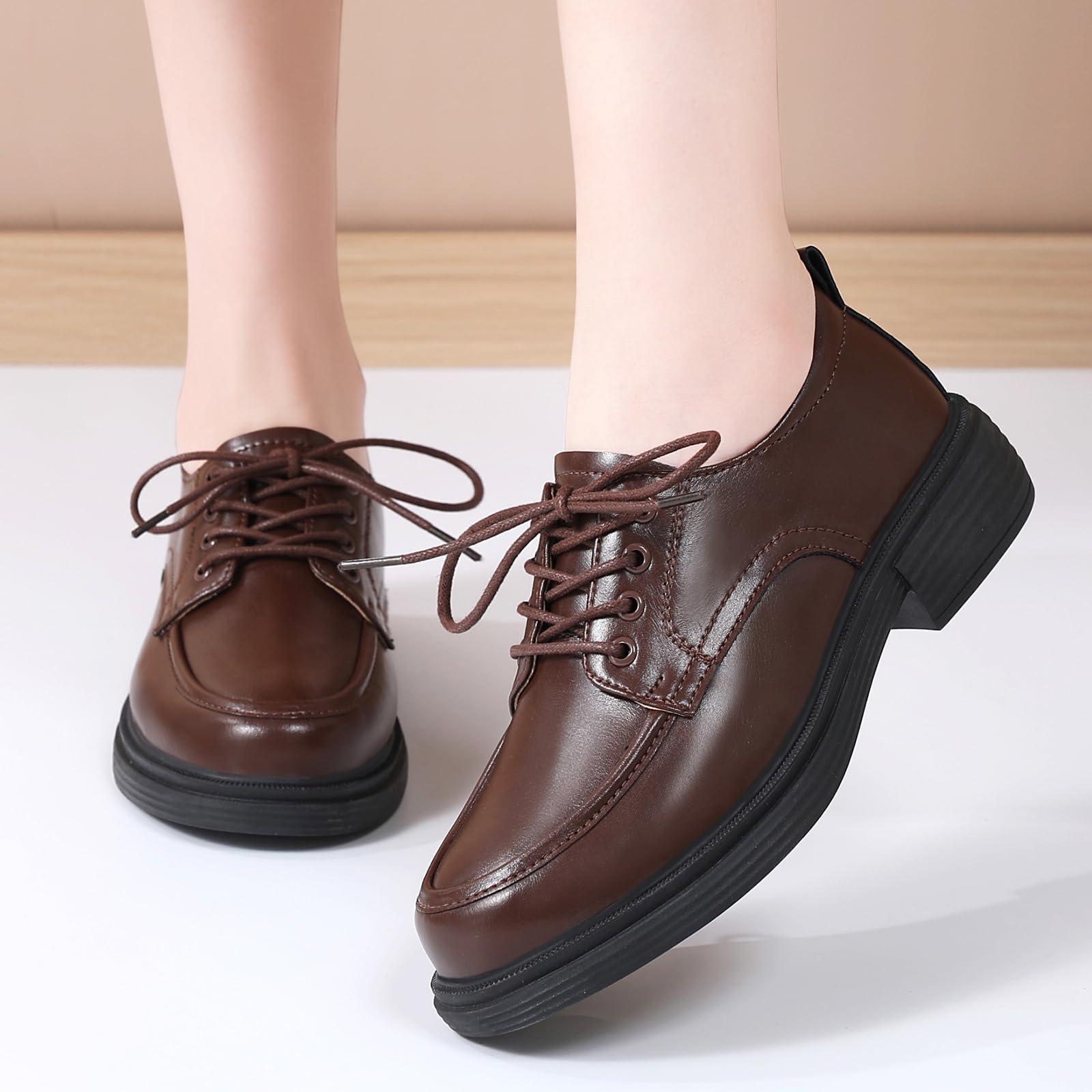 Women's Leather Oxford Shoes - Classic Lace-Up Round Toe Flat for Business Casual & Office Wear | Non-Slip Comfortable Dressy Shoes for Work & Professional Occasions