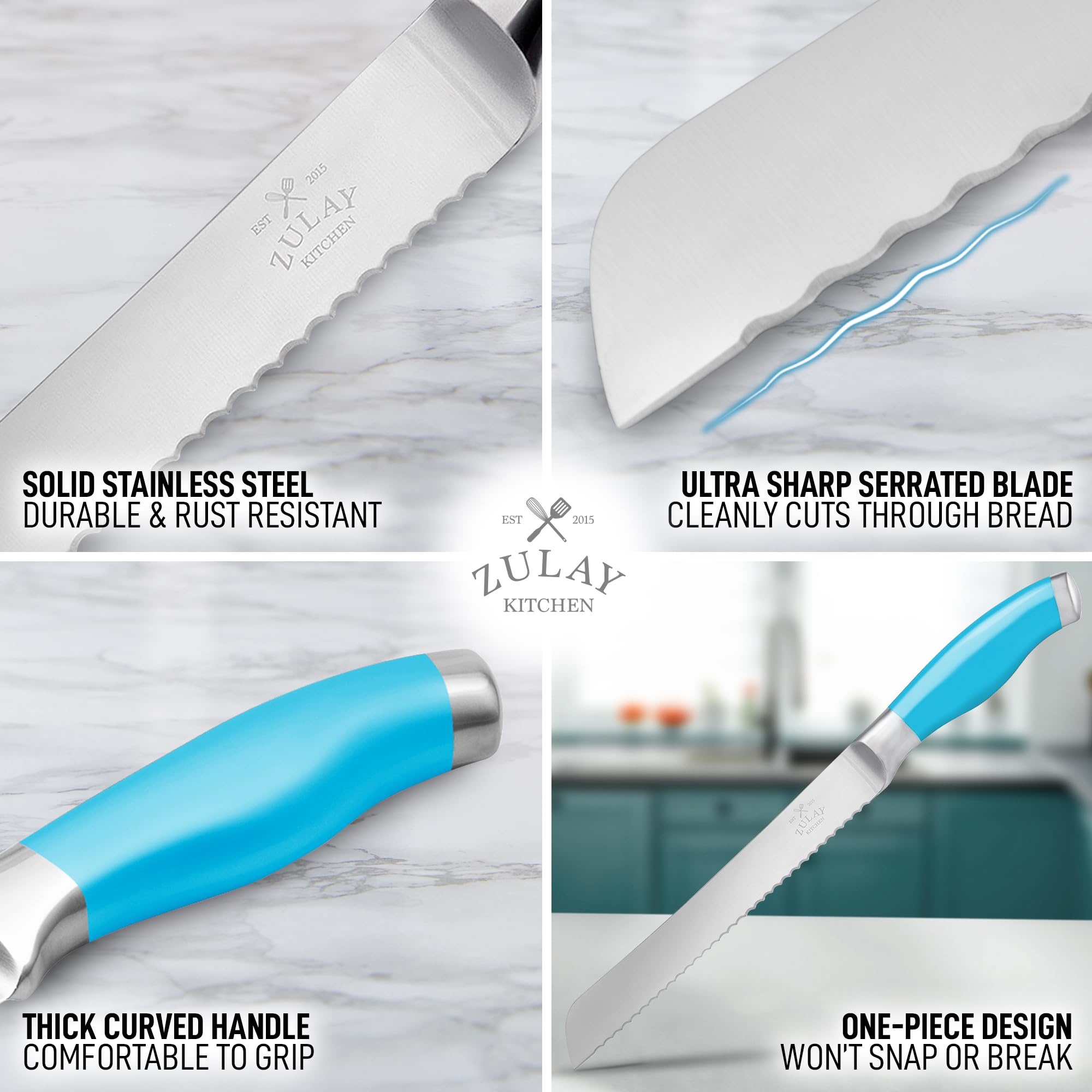 Zulay Premium 8-Inch Serrated Bread Knife - Stainless Steel Blade for Slicing Homemade Bread, Cake, Bagel - Ergonomic 5-Inch Handle with Safety Tip Guard - Perfect for Bakeries, Kitchens & Gift Giving (Blue)
