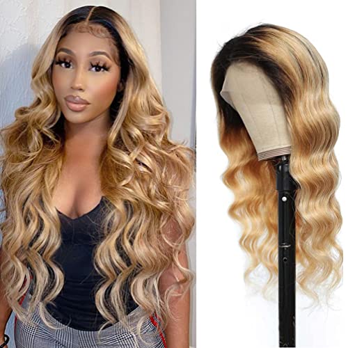MSMUSAS 13X4 Ombre Lace Front Wig - 100% Human Hair with Pre-Plucked Natural Hairline, 1B/27 Body Wave for Black Women - Ombre Highlight Frontal Wig with Baby Hair (18 Inches) - Perfect for Daily Wear, Special Occasions & Protective Styling