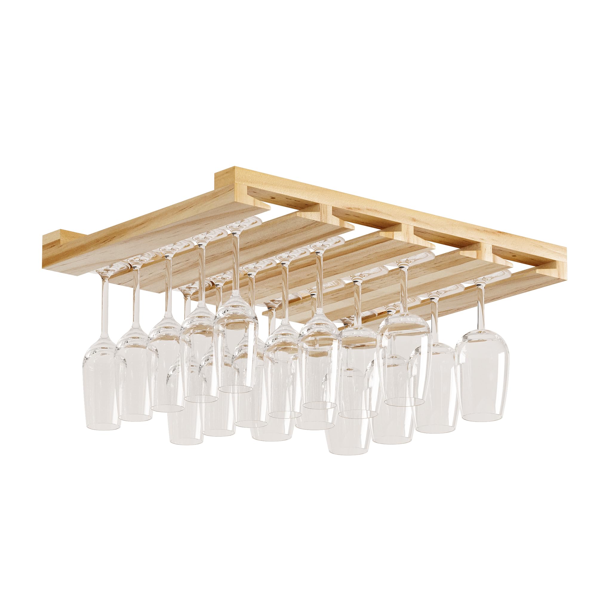 Adjustable Under Cabinet Wine Glass Rack - 4 Section Rustic Wood Stemware Holder for 12 Glasses, 10 Inch Deep Natural Finish - Perfect for Kitchen, Bar & Dining Room Organization