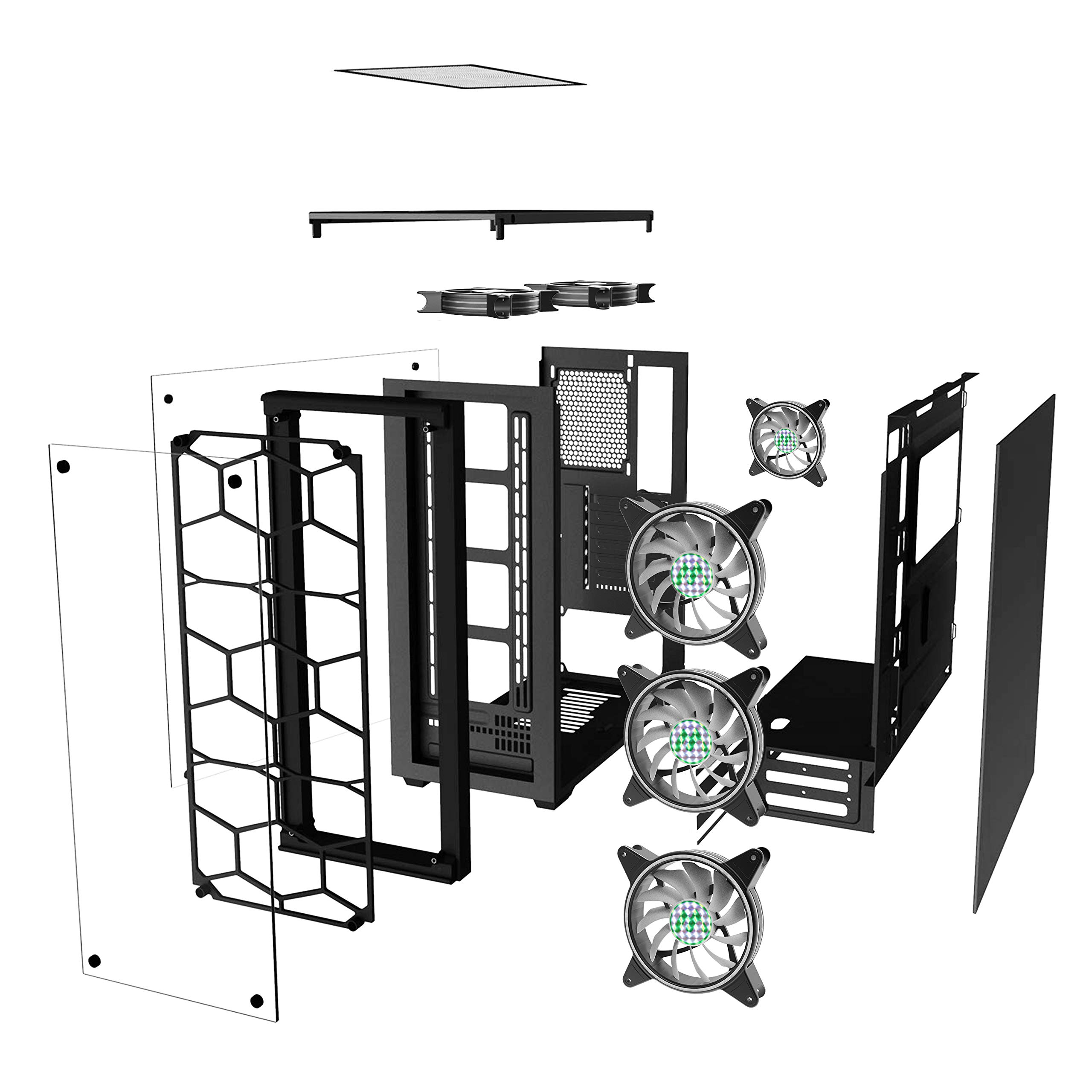 MUSETEX Phantom Black ATX Mid Tower Gaming PC Case - USB 3.0 Ports, Tempered Glass Side Panel, 6x 120mm RGB Fans Pre-Installed (Model 907D6) - Perfect for High-Performance Gaming Rigs & Custom PC Builds