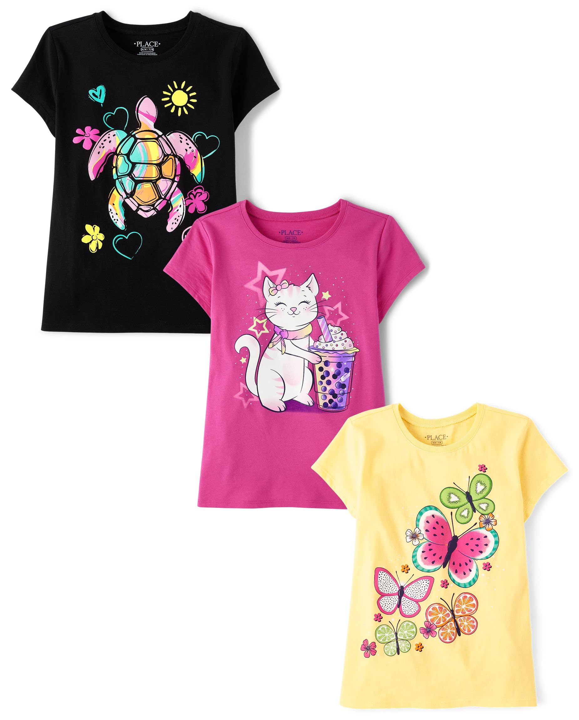 The Children's Place Girls' Butterfly Print Short Sleeve T-Shirts 3-Pack - Cute Graphic Tees for Toddler & Kids Playdate, School & Summer Outfits
