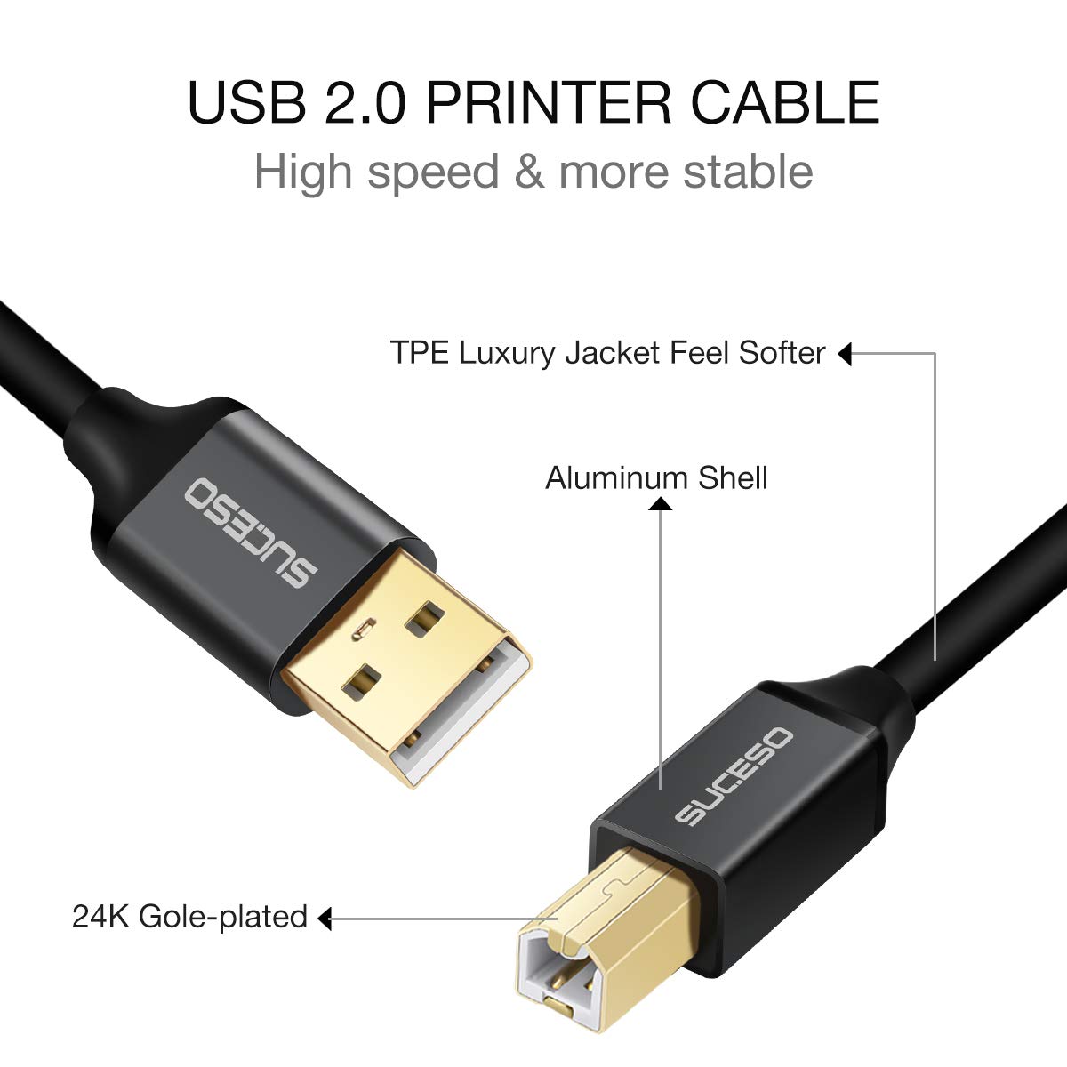 SUCESO 6.6ft USB 2.0 Printer Cable A Male to B Male Scanner Cord - Compatible with Canon Pixma TS3150 MG5750, HP, Dell, Epson, Lexmark, Xerox, Samsung Printers - Perfect for Home Office & Small Business Printing Needs