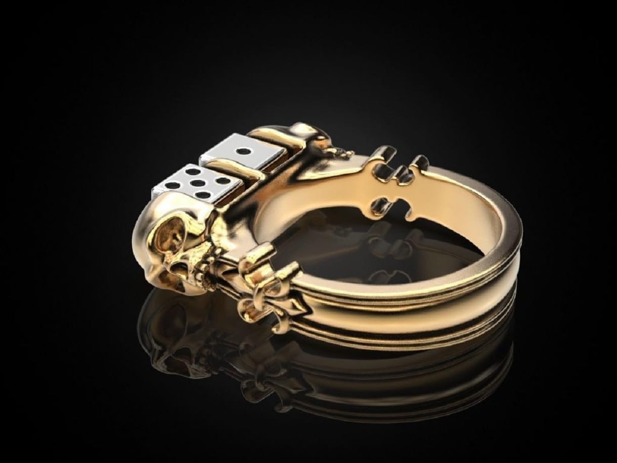 Skull Dice Biker Ring for Men - Gothic Punk Hip Hop Jewelry, Lucky Two-Tone Gold Halloween Skull Ring | Perfect for Bikers, Gamers & Gothic Fashion Enthusiasts