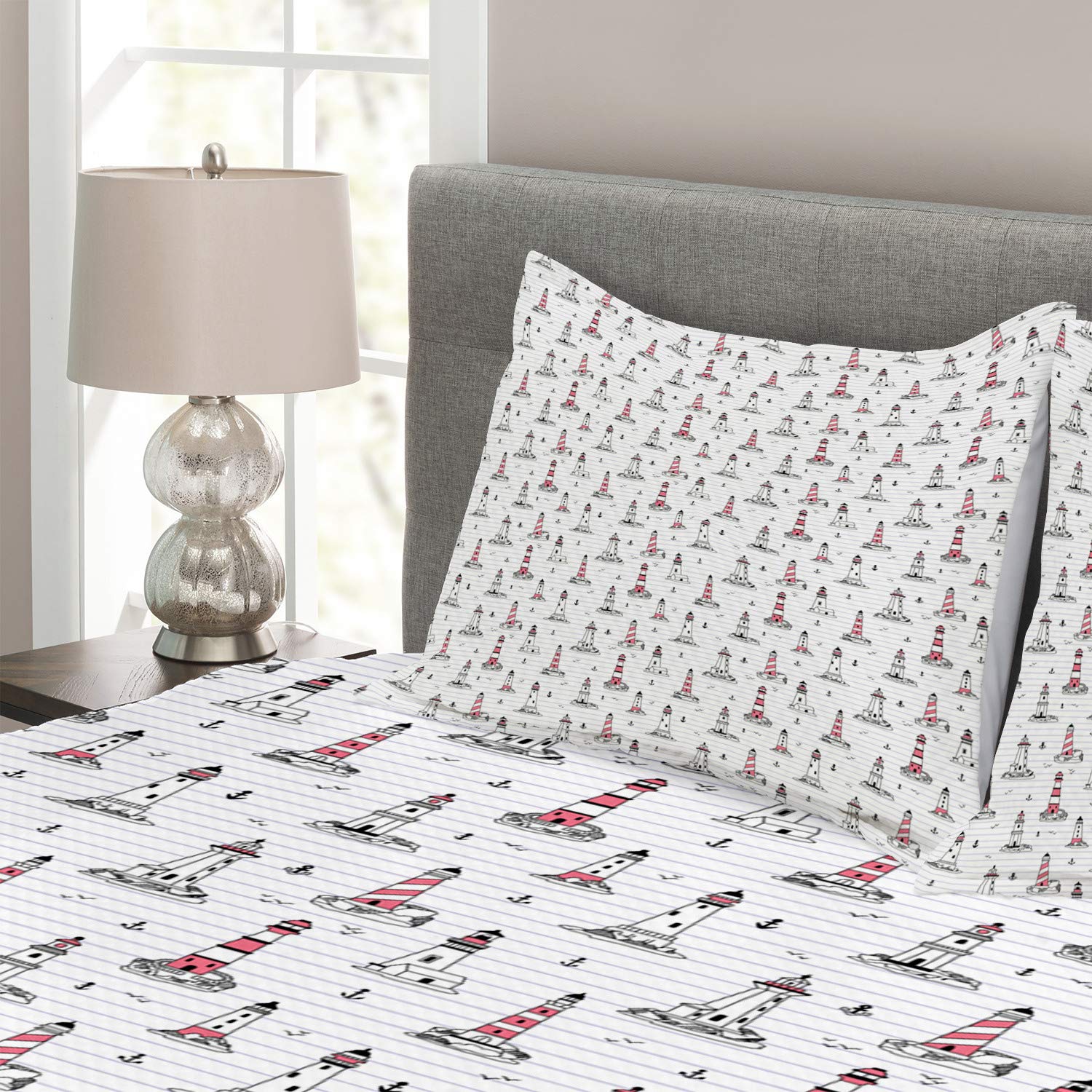 Ambesonne Lighthouse Bedspread Set - Nautical Themed Notebook Pattern with Seagulls & Anchors Doodle Design, 3-Piece King Size Bedding Set (Coverlet + 2 Pillow Shams) in Pink Lilac Black | Coastal Home Decor for Beach House, Guest Room & Nautical Nursery