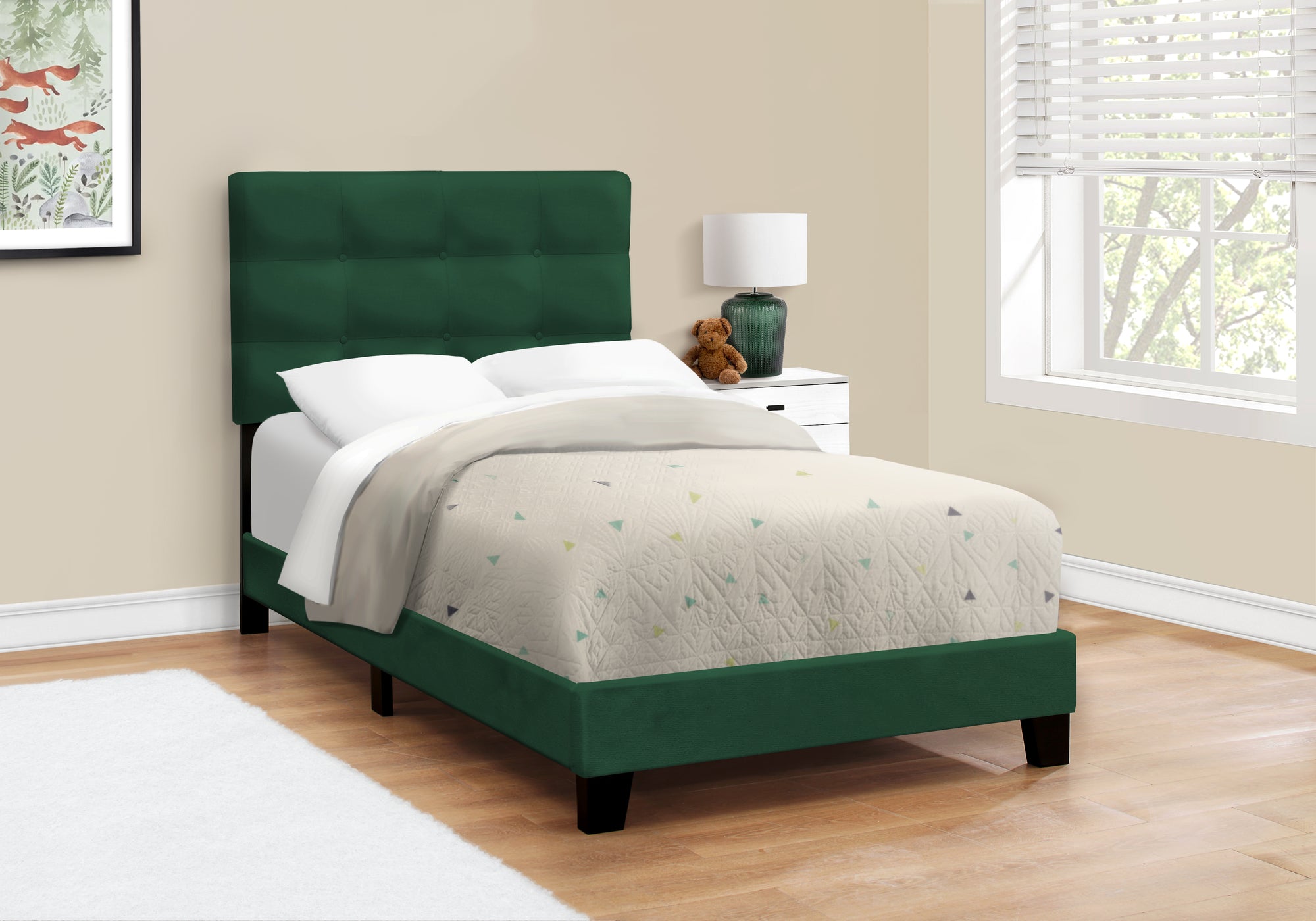 Stylish Green Velvet Twin Size Platform Bed Frame - Modern Upholstered Low Profile Bed with Wooden Slats Support | Perfect for Small Spaces, Guest Rooms & Teen Bedrooms