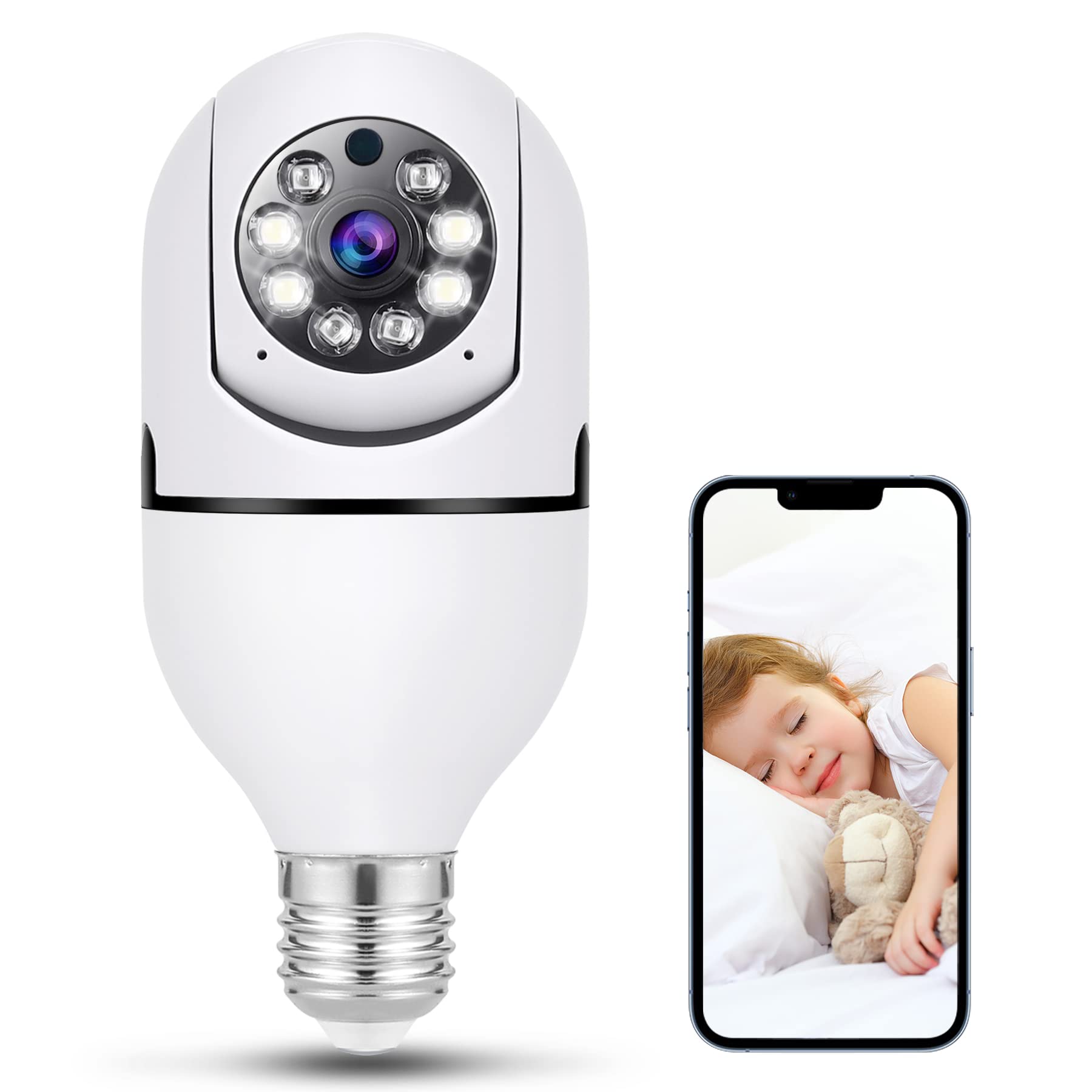 WiFi Light Bulb Camera 1080P HD - E27 Security Camera with 360° View, Night Vision & Mobile App Control - Outdoor Surveillance for Home Security (White) | Perfect for Garage, Porch & Backyard Monitoring
