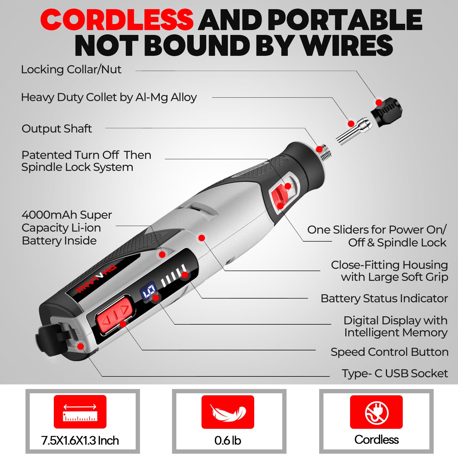 PHALANX 4V Cordless Rotary Tool Kit with 80-Piece Accessories, 4000mAh Li-Ion Battery & 9-Speed Adjustment - Perfect for Cutting, Sanding, Carving, Polishing & Engraving DIY Projects, Home Repairs, and Crafting