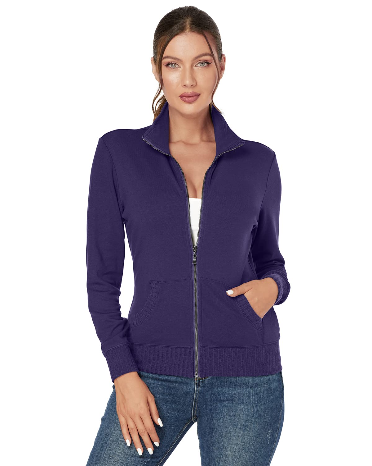 J.Corrine Women's Zip Up Hooded Sweatshirt Jacket - Stand Collar Long Sleeve Athletic Running Track Coat with Pockets - Navy Blue - Perfect for Gym, Jogging & Casual Wear