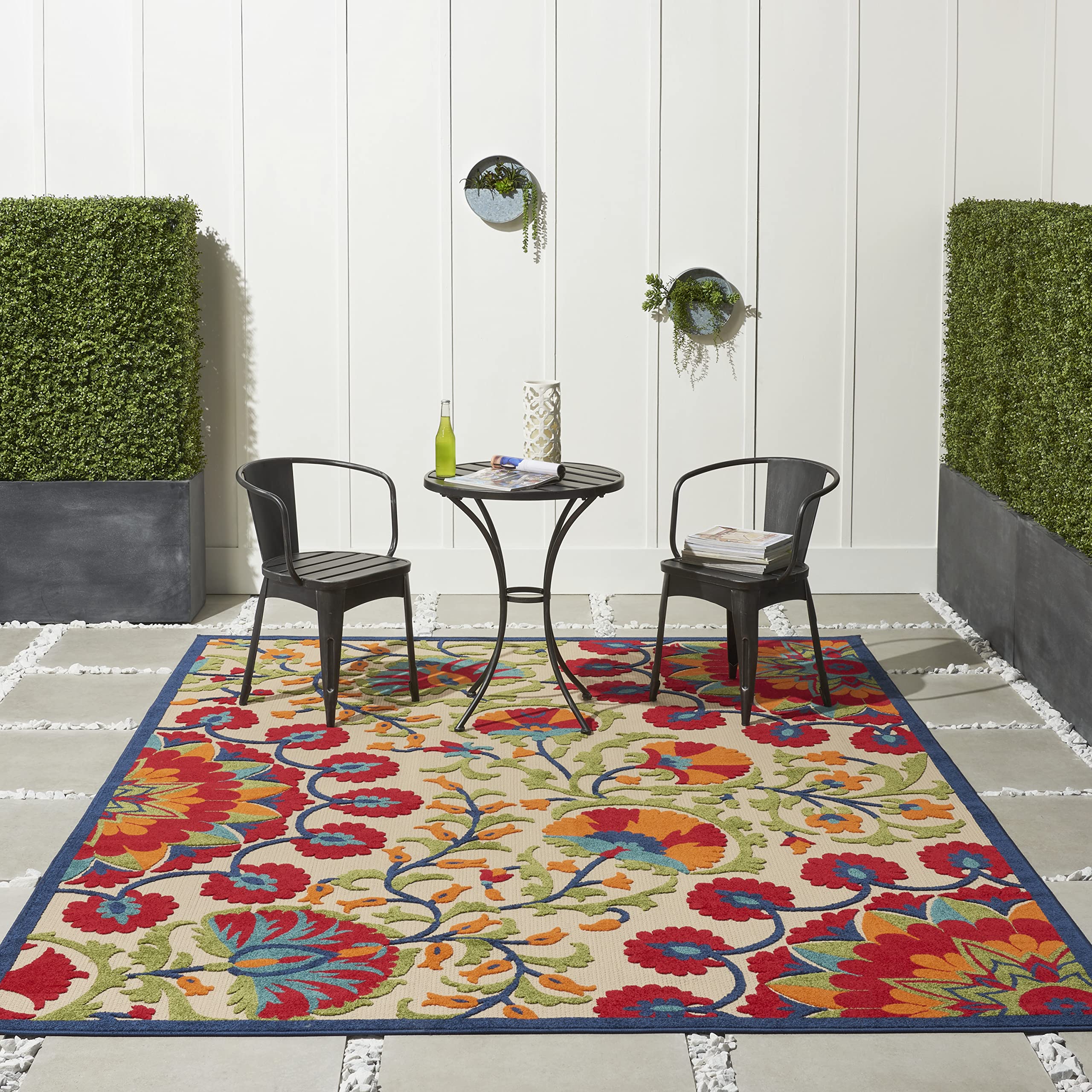 Nourison Aloha 6' x 9' Indoor/Outdoor Area Rug - Easy to Clean, Non-Shedding, Fade & Stain Resistant - Perfect for Bedroom, Living Room, Dining Room, Deck, Backyard & Patio - Tropical Red/Multi Design for Coastal & Boho Home Decor