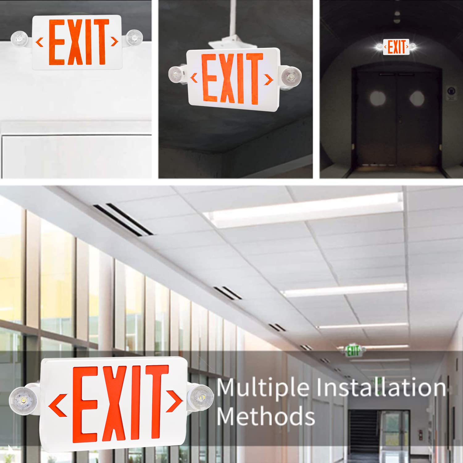 OSTEK Red LED Exit Sign with Emergency Lights - UL-Listed 120-277V Battery Backup, Dual Adjustable LED Heads, ABS Fire-Resistant - Perfect for Commercial Buildings, Warehouses & Emergency Exits