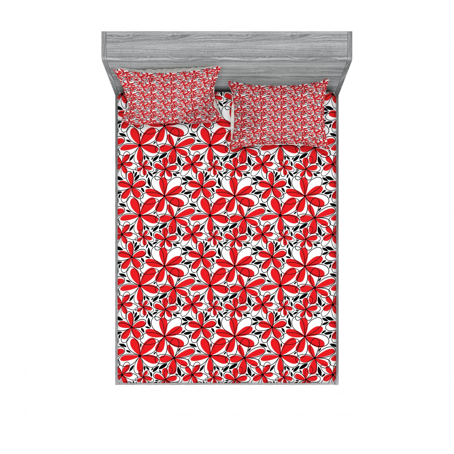 Ambesonne 2-Piece King Size Fitted Sheet Set with 4 Pillow Shams - Floral Doodle Romantic Design in Scarlet, White & Black - Soft Bedding Collection for Master Bedroom Decor & Guest Room Essentials
