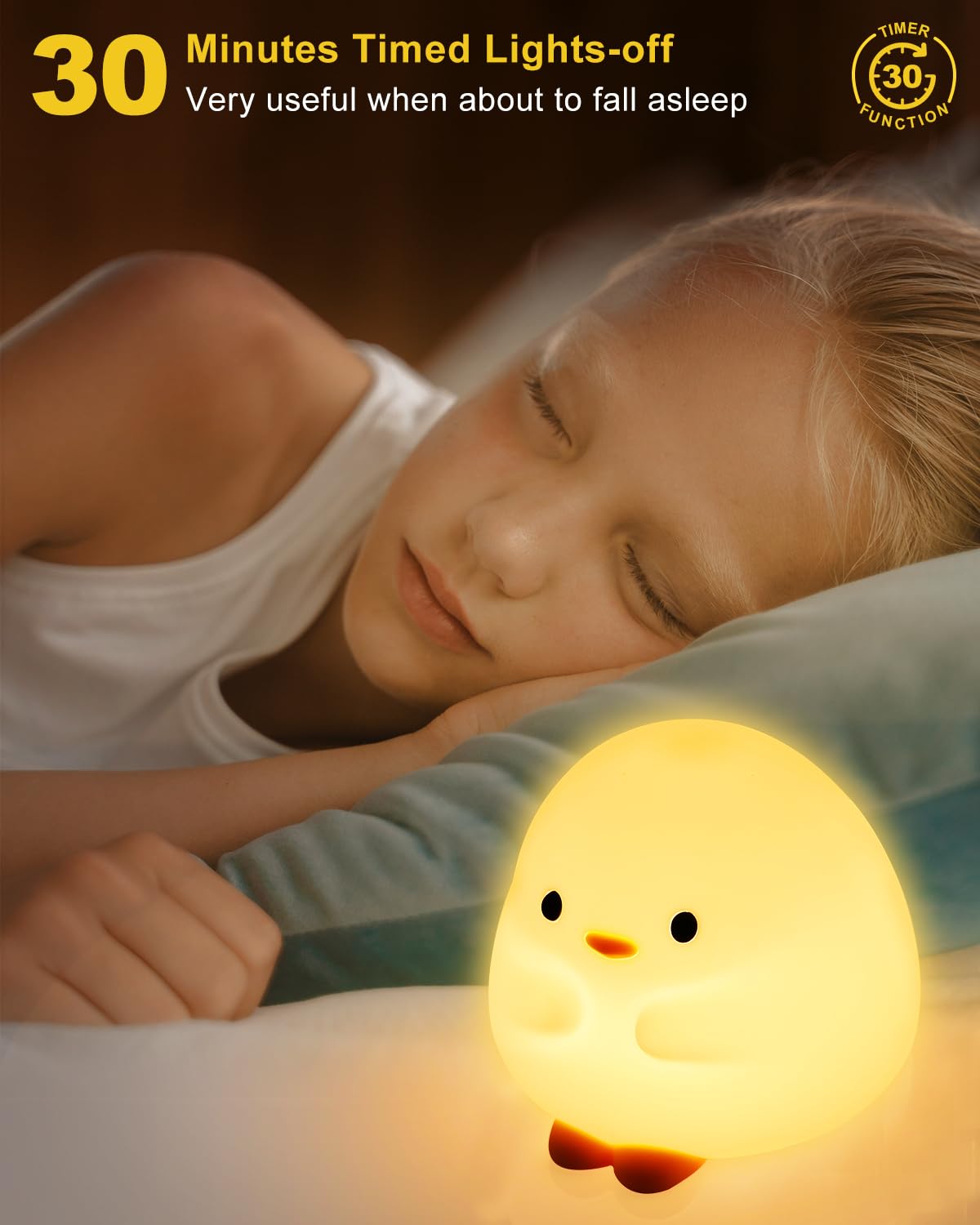 DuDu Duck Night Light - Cute Squishy Silicone Baby Nursery Lamp with 30-Min Timer | Rechargeable Touch Control Bedside Light for Bedroom, Kids Room & Nursery | Perfect for Night Feedings, Soothing Toddlers & Creating Cozy Atmosphere