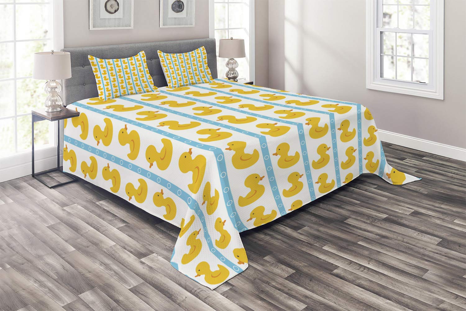 Ambesonne King Size 3-Piece Quilted Bedspread Set with 2 Pillow Shams - Rubber Duck Design with Stripes and Circles Pattern, White - Perfect for Kids' Rooms, Nursery Decor, and Whimsical Bedroom Themes