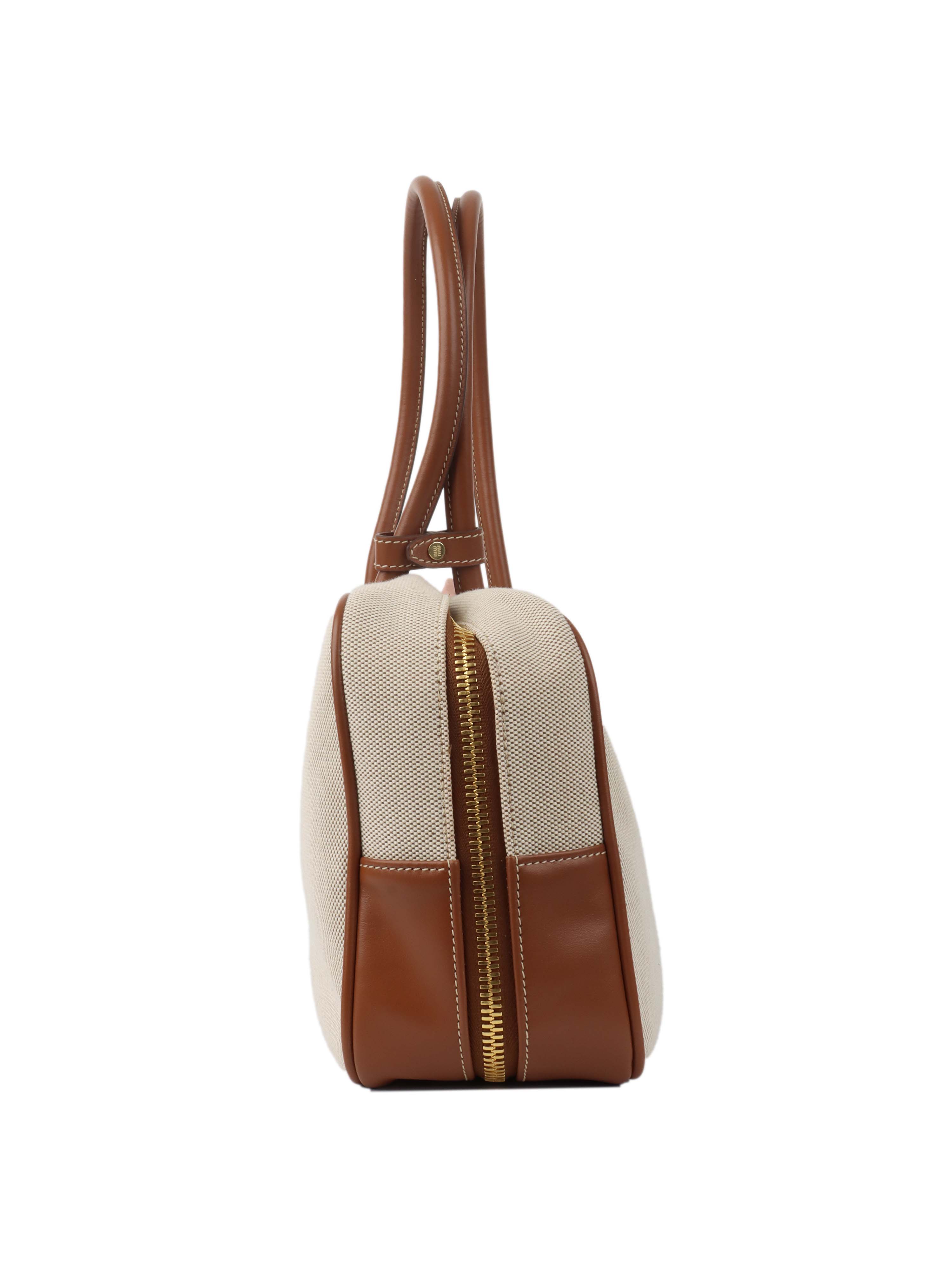 Miu Miu Beau Canvas & Leather Tote Bag for Women - Stylish Designer Handbag for Work, Travel & Everyday Use