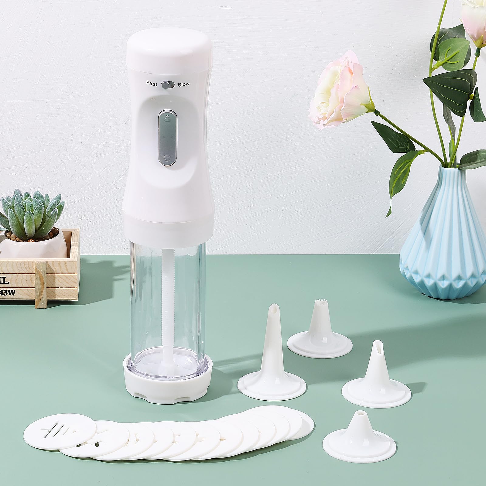 Electric Cookie Press Kit - 12 Cookie Discs & 4 Icing Nozzles for Baking, Decorating Homemade Cookies | Detachable White Transparent Design | Perfect for Holiday Baking, Birthday Parties & DIY Cookie Decorating