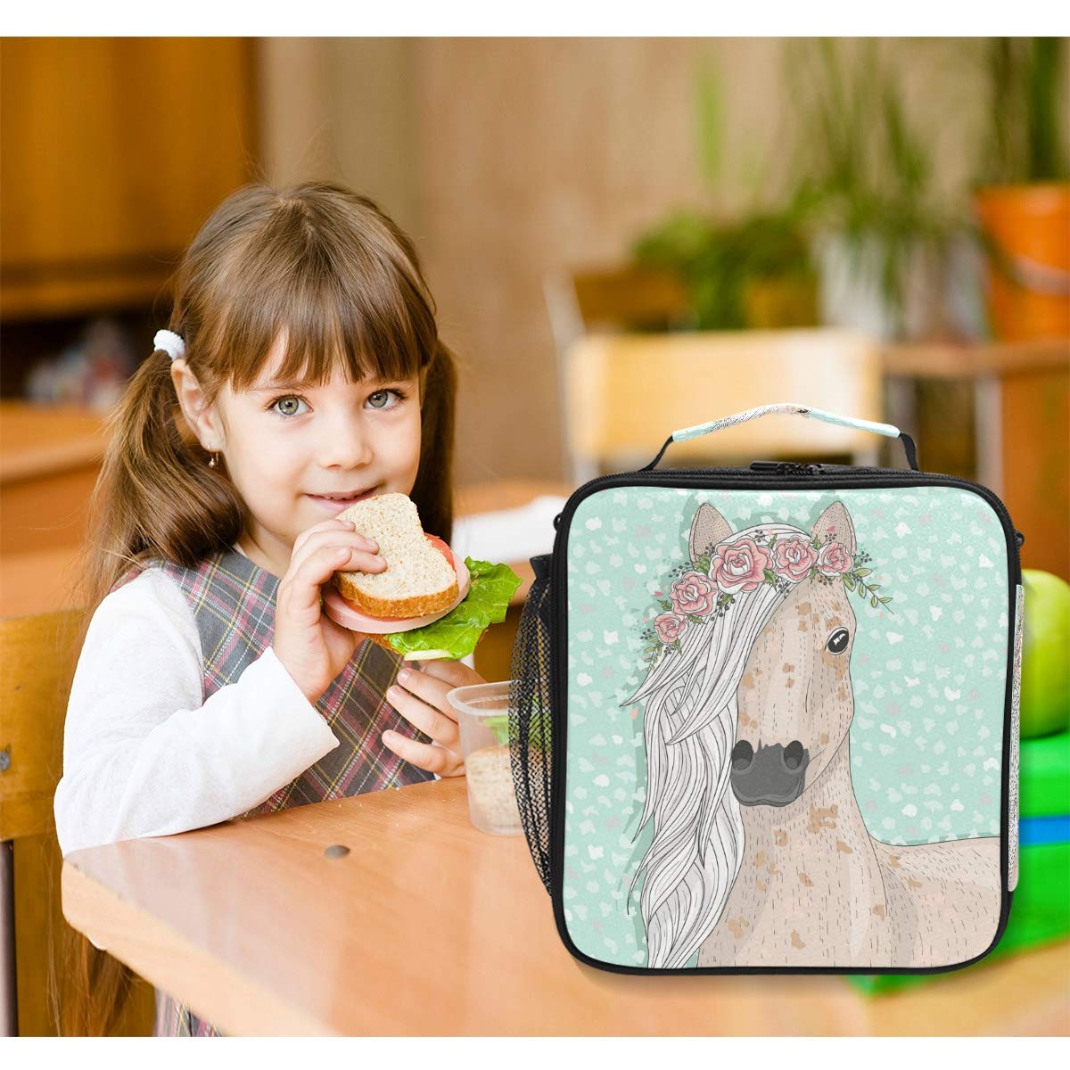 Senya Insulated Lunch Box - Large Thermal Lunch Bag for Women, Men & Kids - Horse & Flower Design - Keeps Food Warm or Cold - Perfect for Work, School & Picnics